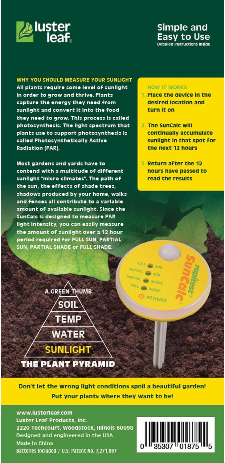 Luster Leaf SunCalc Sunlight Calculator - Accurate Garden Light Measurement for Full Sun, Partial Sun, Shade