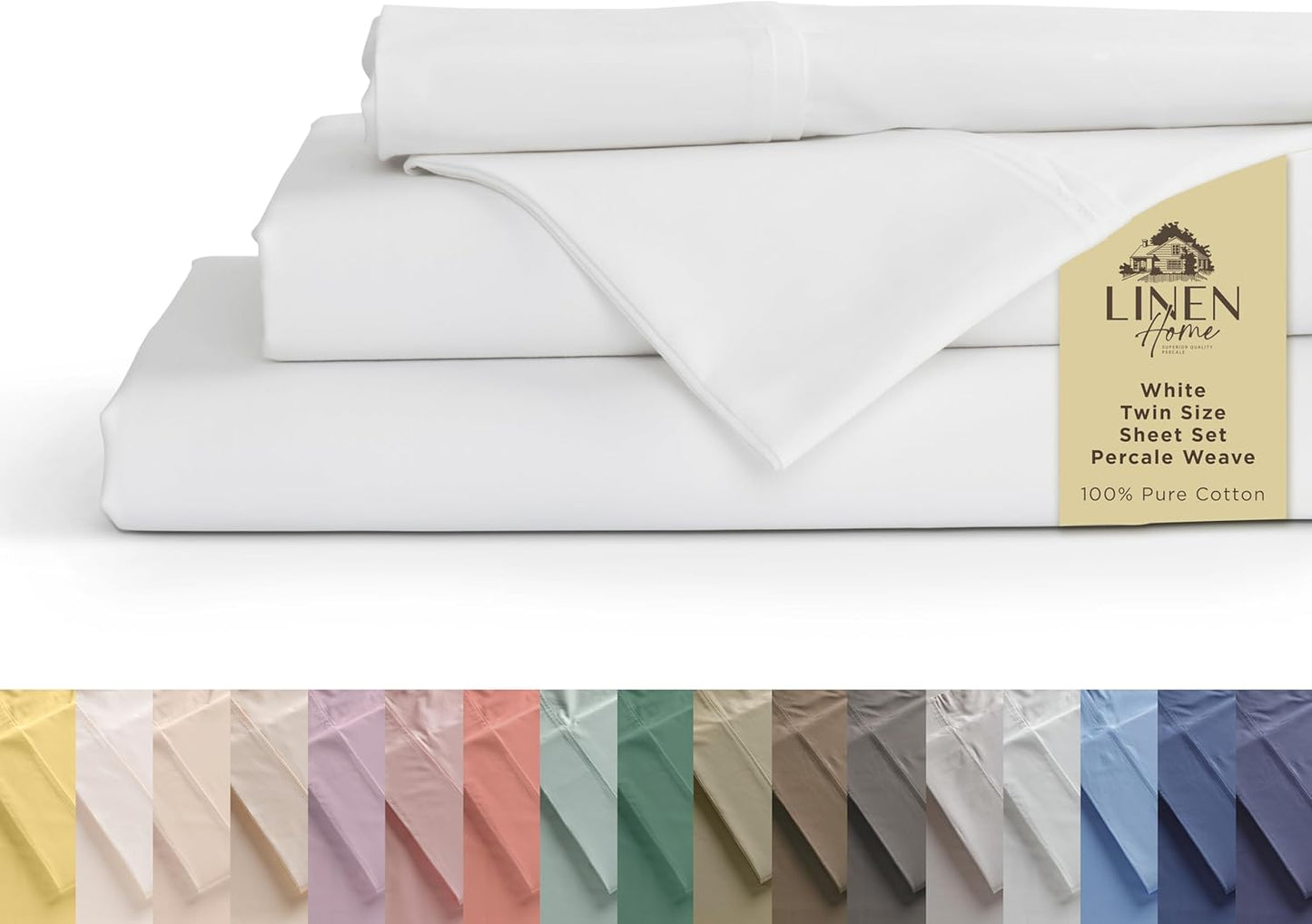 Linen Home 100% Cotton Percale Twin Sheets Set - Deep Pocket, White, 3 Pieces for Crisp Comfort