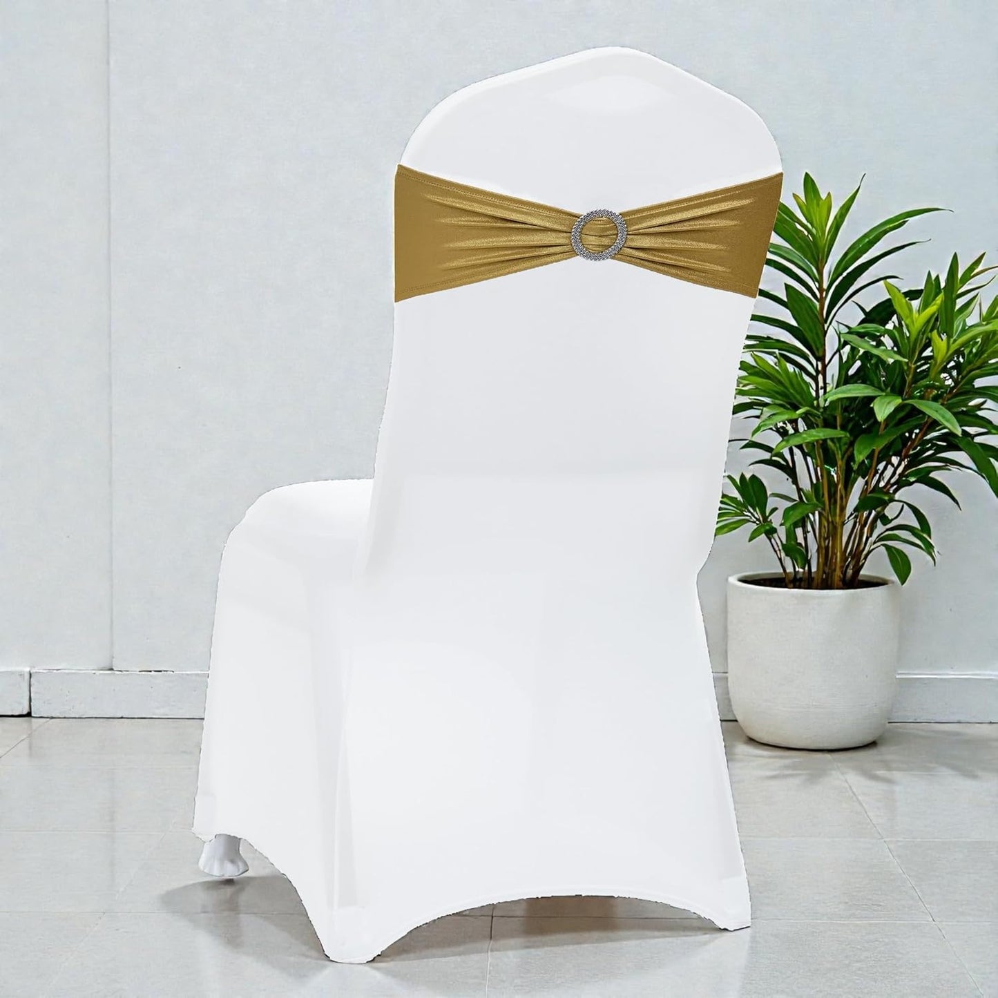 MDS Spandex Foil Chair Sashes - Universal Elastic Stretch Bands with Buckle for Weddings | Metallic Gold, Pack of 100