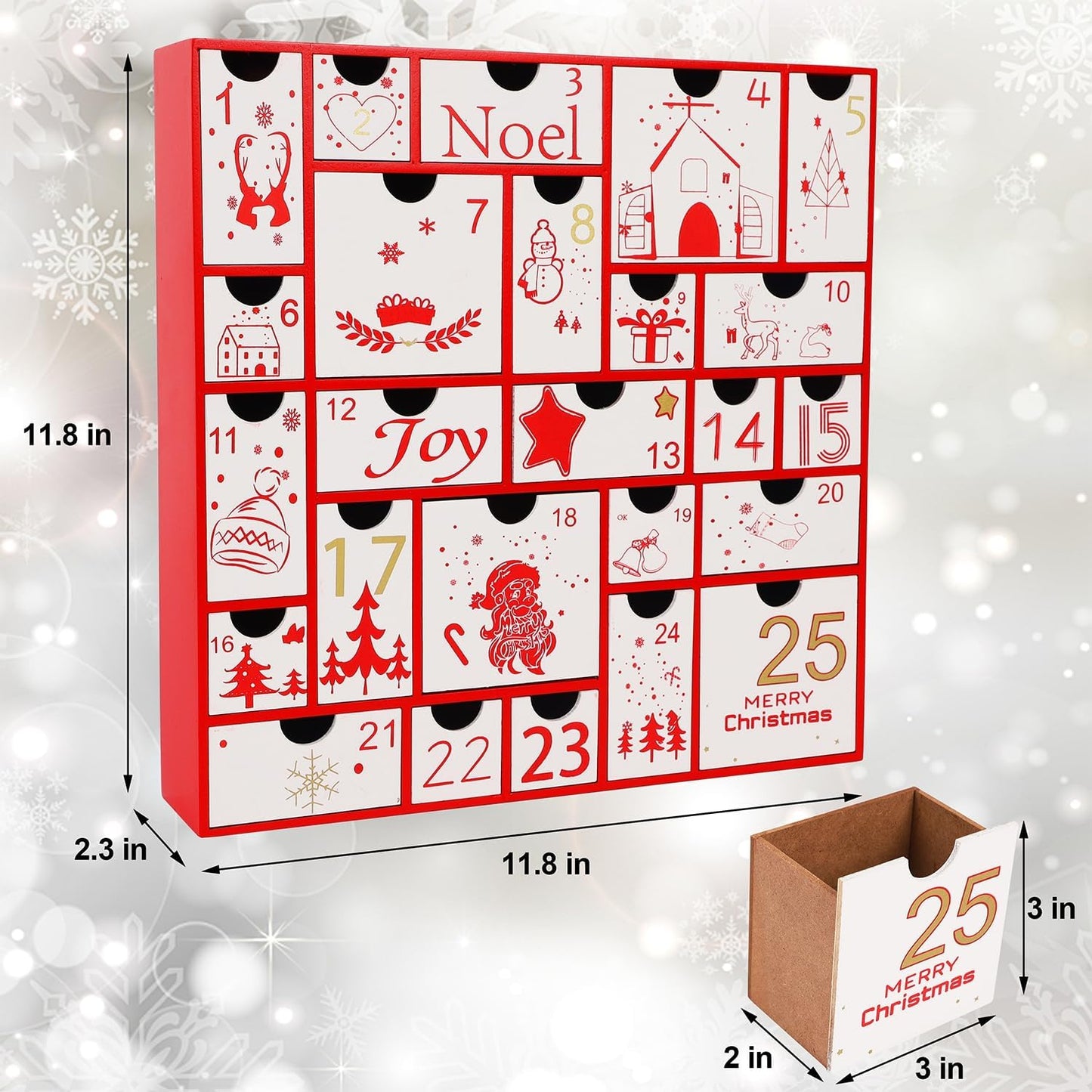 Juegoal Red Advent Calendar - 11.8 Inch Wooden Countdown Calendar with 25 Large Drawers | Hand-Painted Holiday Decor