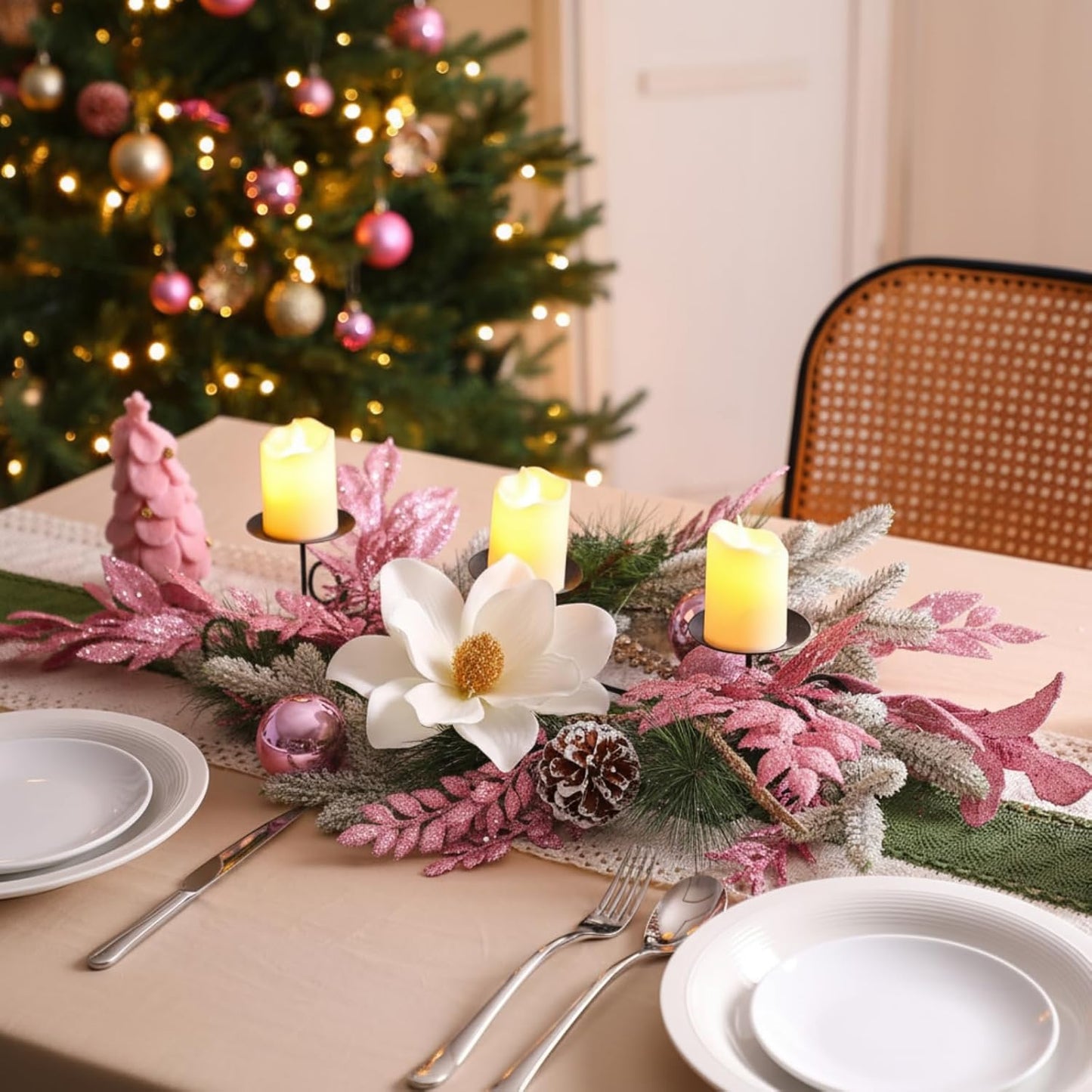 Maxdot Pink Christmas Candle Holder - Elegant Metal Poinsettia Design | Perfect Table Centerpiece for Holiday Decor