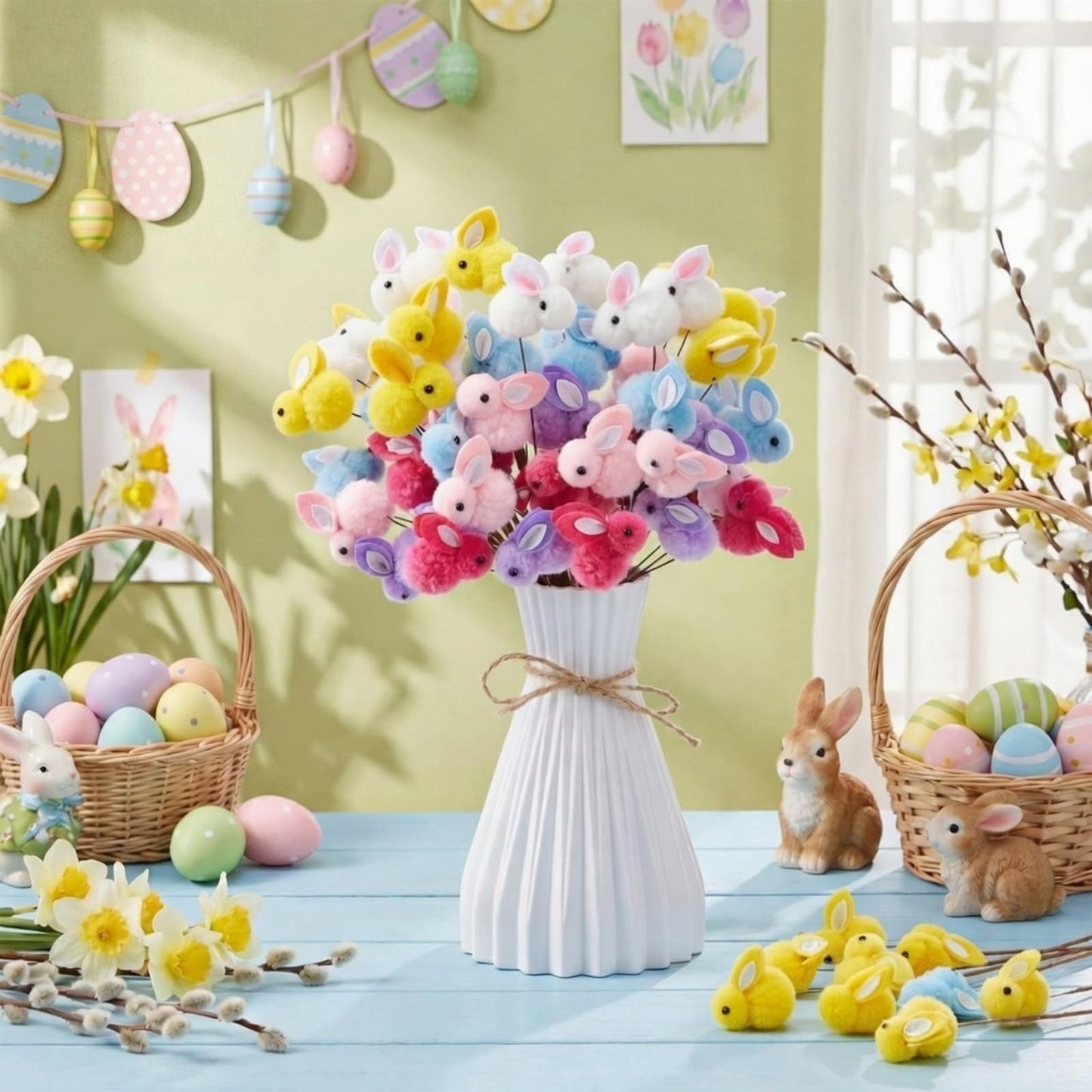 Suncalla 24 Pcs Easter Bunny Picks Easter Plush Bunny Table Decorations 9 Inch Plush Rabbit Branches Decorative Picks for Home Vase Filler Table Centerpieces Easter's Party Decor
