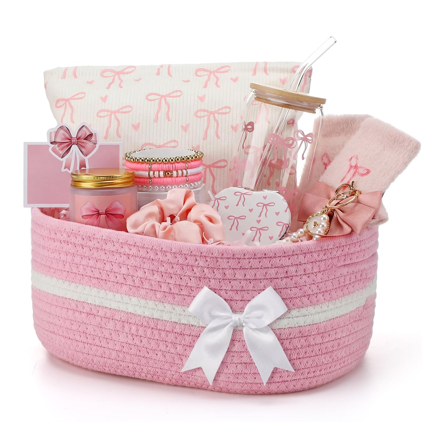 Willinglong 10 Pcs Gift Basket for Teen Girl Coquette Pink Bow Basket Stuffers for Women Coquette Bow Birthday Gift Box for Sister Daughter Friends