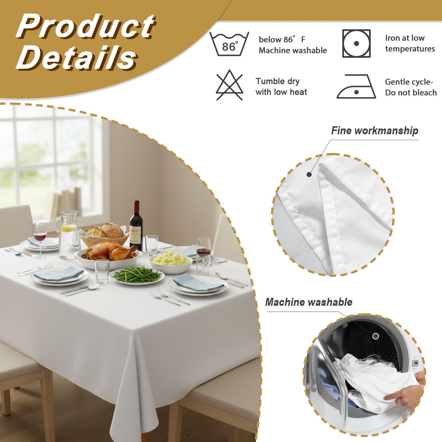 Fixwal White Tablecloth Rectangle 70 x 120 Inch, 2 Pack 6-8ft Polyester Brushed Fabric Table Cloths Rectangular Table Covers for Party, Banquet, Dining, Birthday, Wedding
