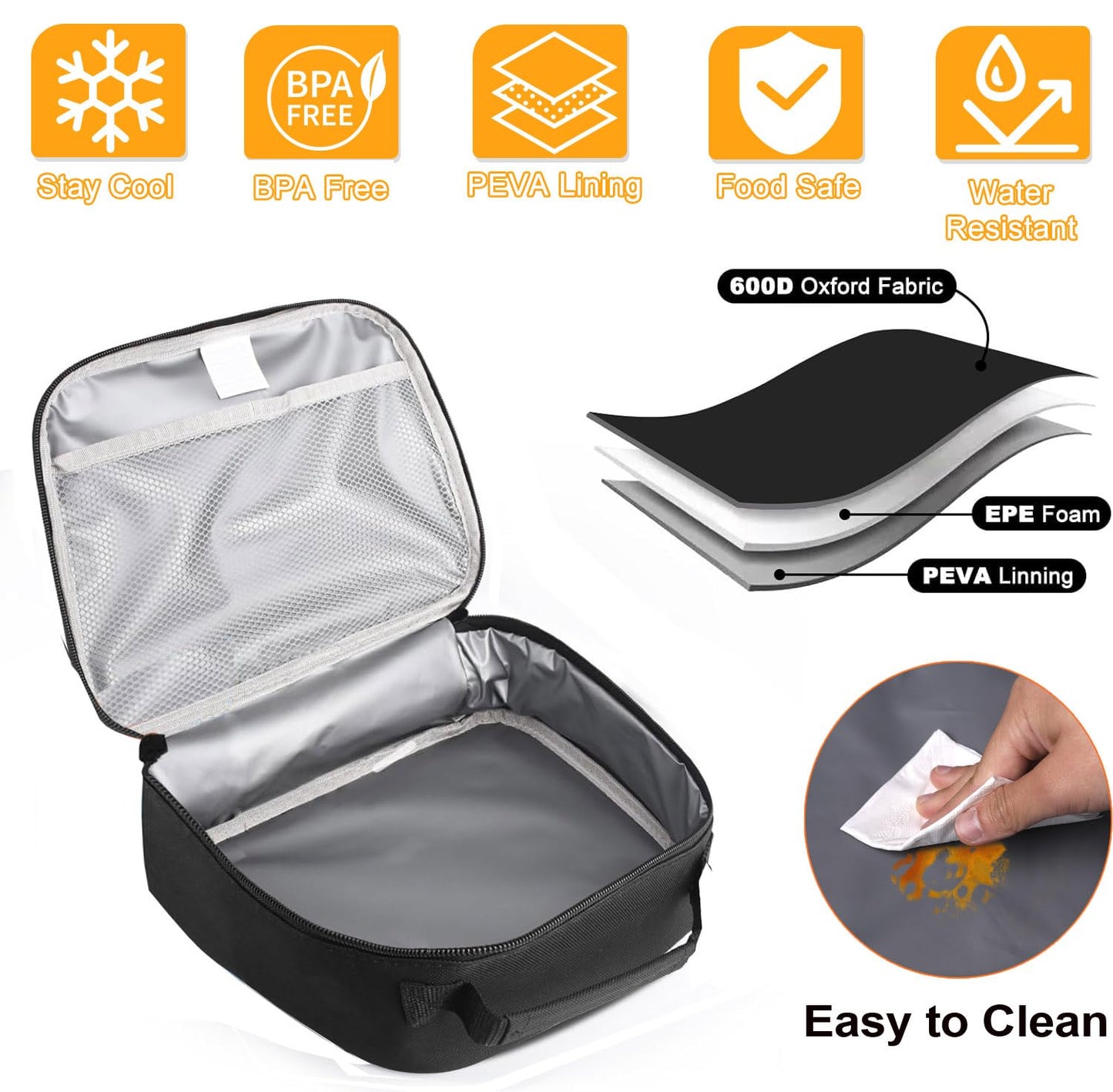 ZM-YOUTOO Lunch Box for Men - Reusable Lunch Bag Men Adult Women- Insulated LunchBox for Office Hiking Camping (Black)