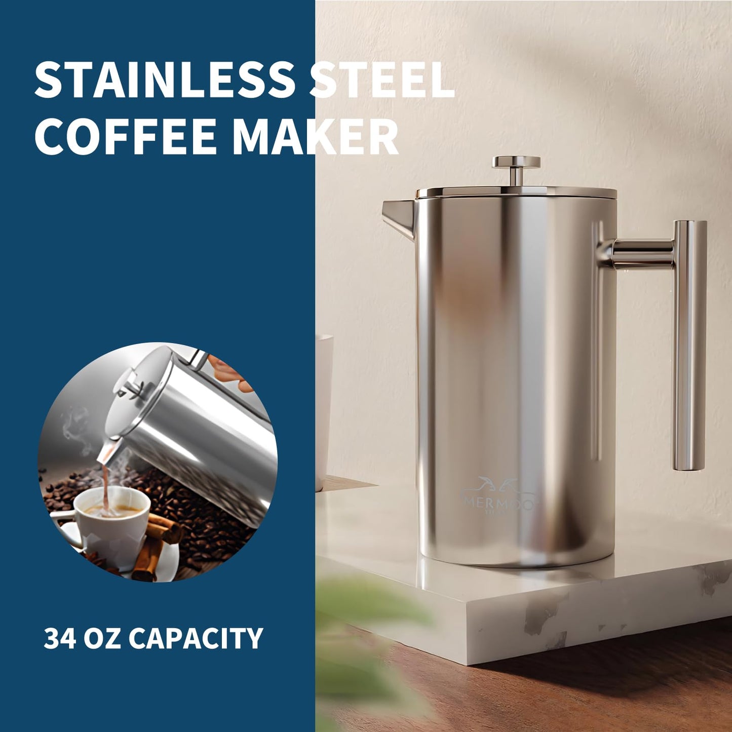MERMOO YILAN French Press 34oz Insulated Stainless Steel Coffee Maker Unbreakable Coffee Press Easy to Clean for Home, Camping, Travel (Black)