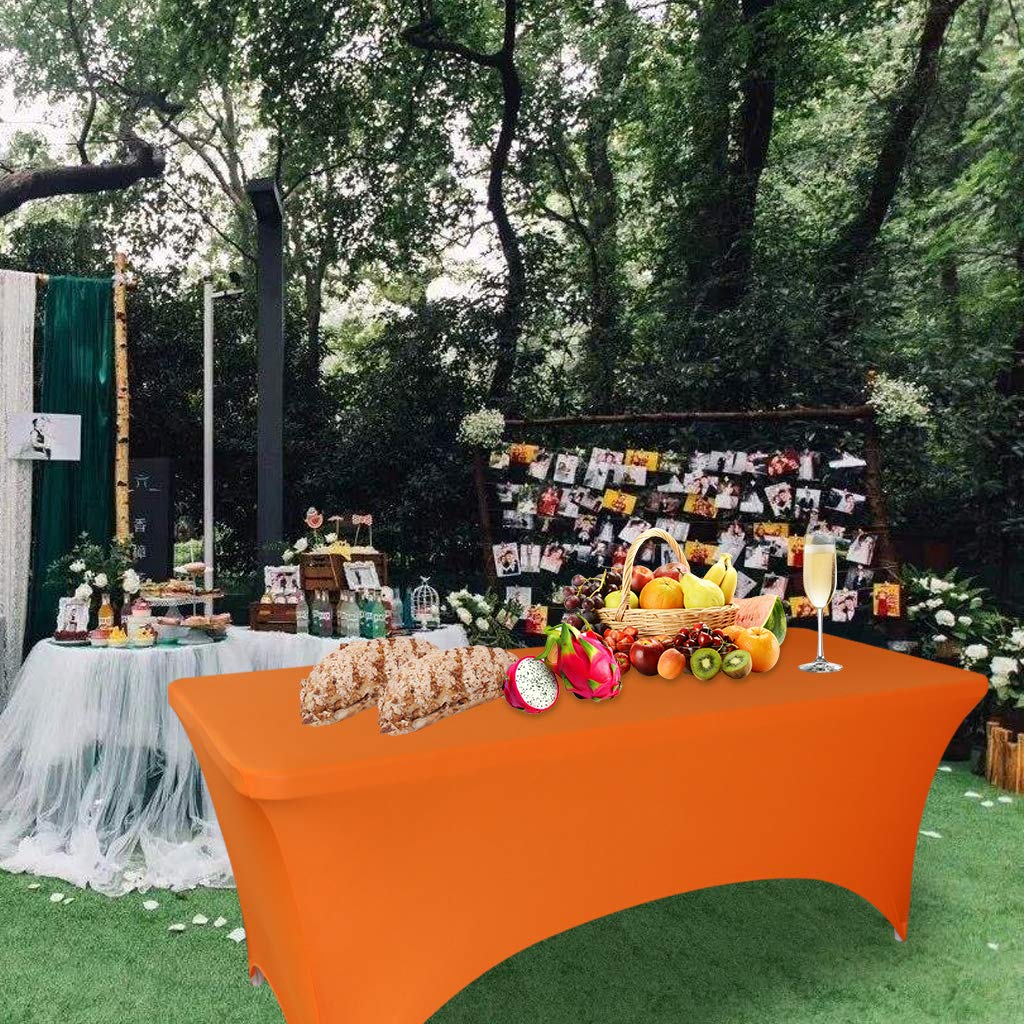 Fvstar 2pcs 6FT Tablecloth,Orange Spandex Tablecover,6ft Fitted Stretch Rectangular Table Cloth,6 Foot Washable Patio Table Protector for Party,Wedding,Banquet,Festival,Christmas