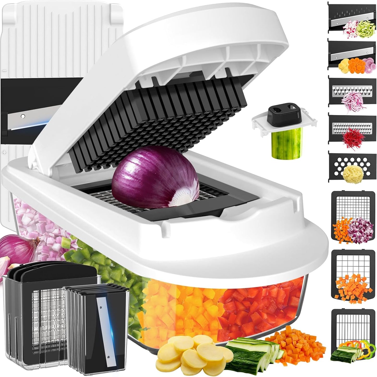 Skiennix 8-Blade Vegetable Chopper - All-in-One Mandoline Slicer with Container | White Kitchen Gadget