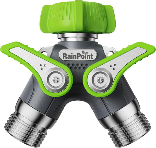 RAINPOINT Garden Hose Splitter - 2 Way Heavy Duty Y Spigot with Shutoff Valves & Metal Handle | 3/4" GHT Thread, Green