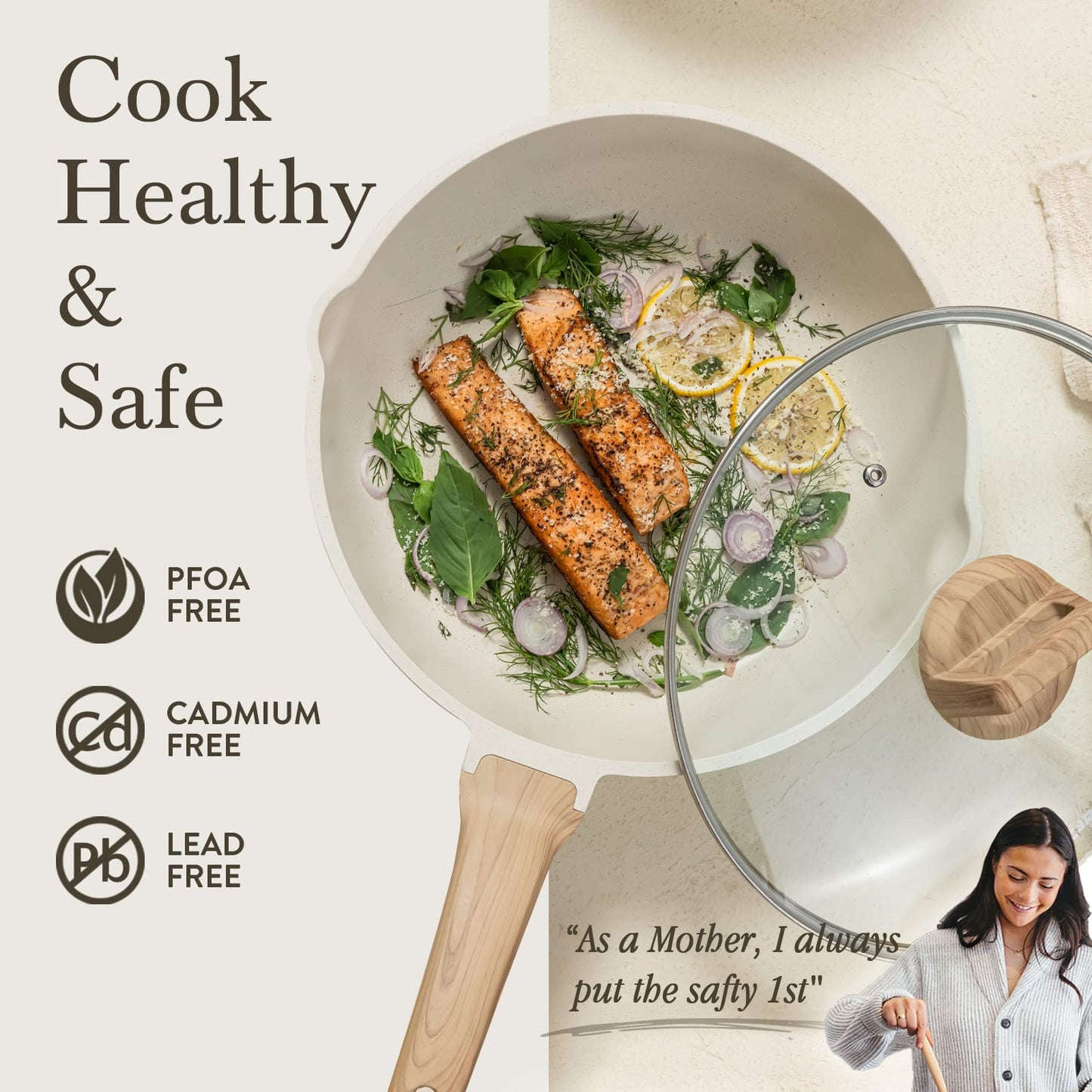 CAROTE 12Inch Nonstick Deep Frying Pan with Lid, 5.5 Qt Jumbo Cooker Saute Pan with Pour Spout, Skillet Induction Cookware, Non Stick Cooking Pan Kitchen Pan PFOA Free, White Granite