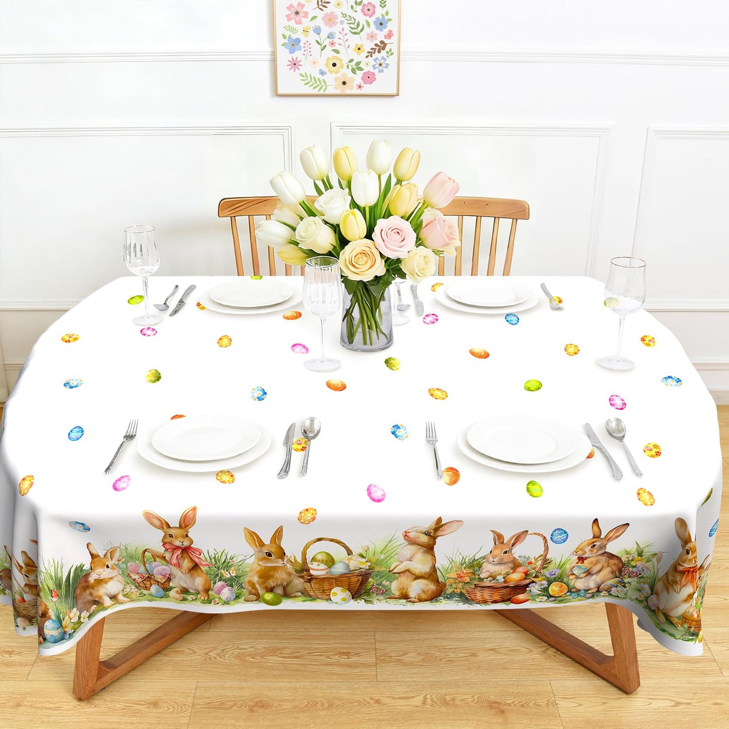 Roszwtit Spring Easter Tablecloth, Easter Eggs Bunny Floral Table Cloth Waterproof, Spring Rabbit Flowers Kitchen Table Decor for Dining Holiday Party 60x84 Inch Oval