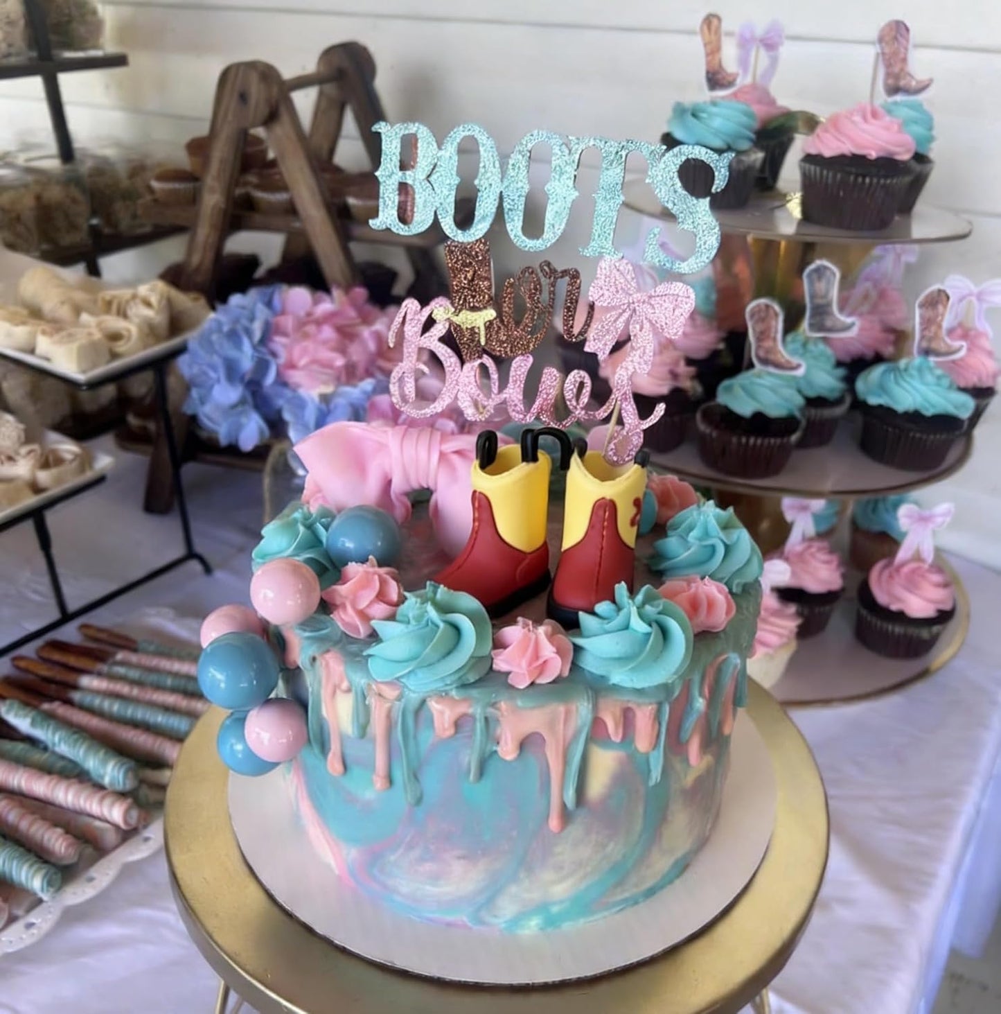 Regine Switzerland Gender Reveal Cake Decorations - Acrylic Boots & Bows Toppers Set for Baby Shower