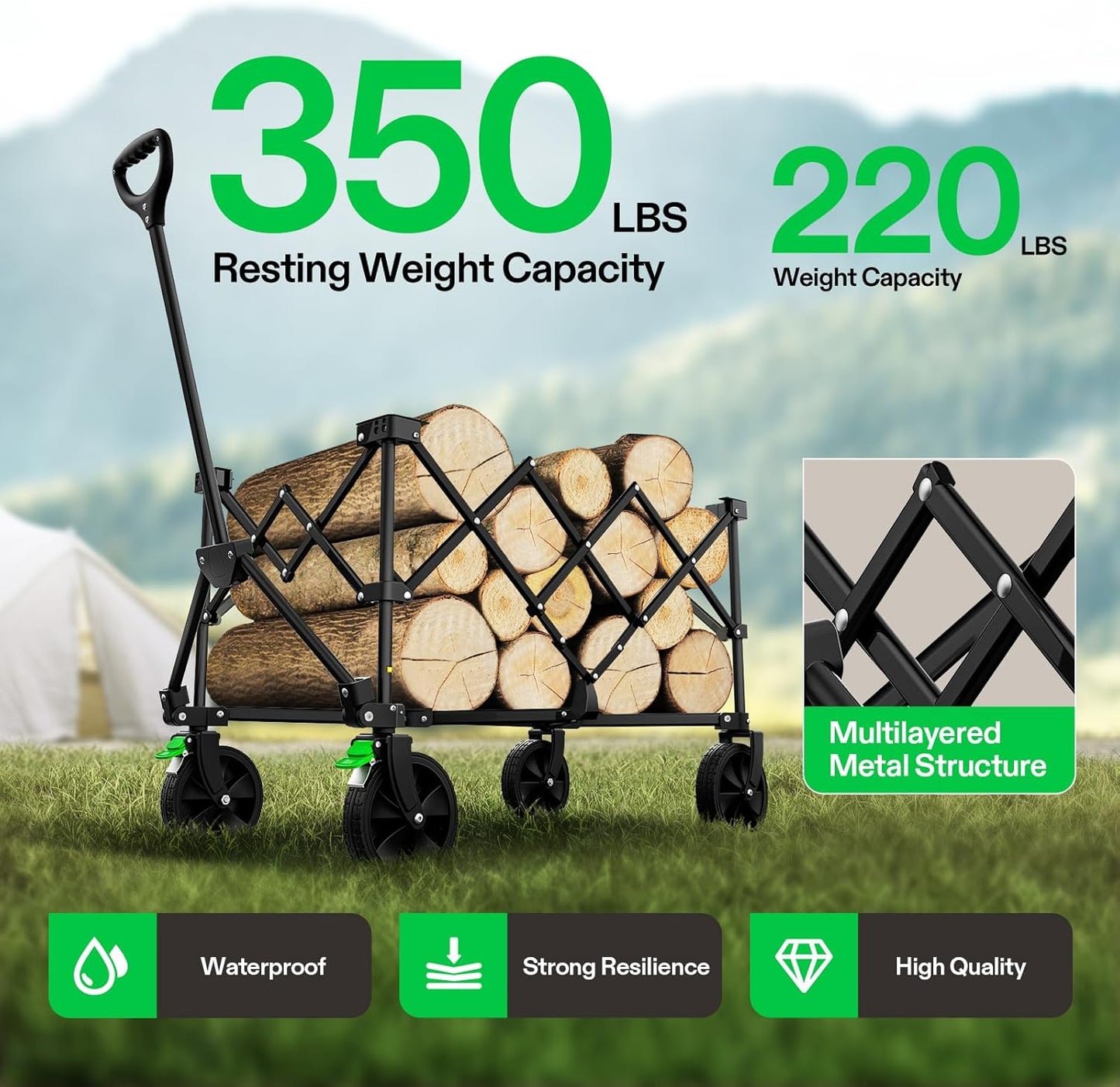 VIVOSUN Collapsible Folding Wagon - 350 lb Capacity Utility Cart with Silent Wheels & Cup Holders | Perfect for Camping, Garden, Sports & Shopping