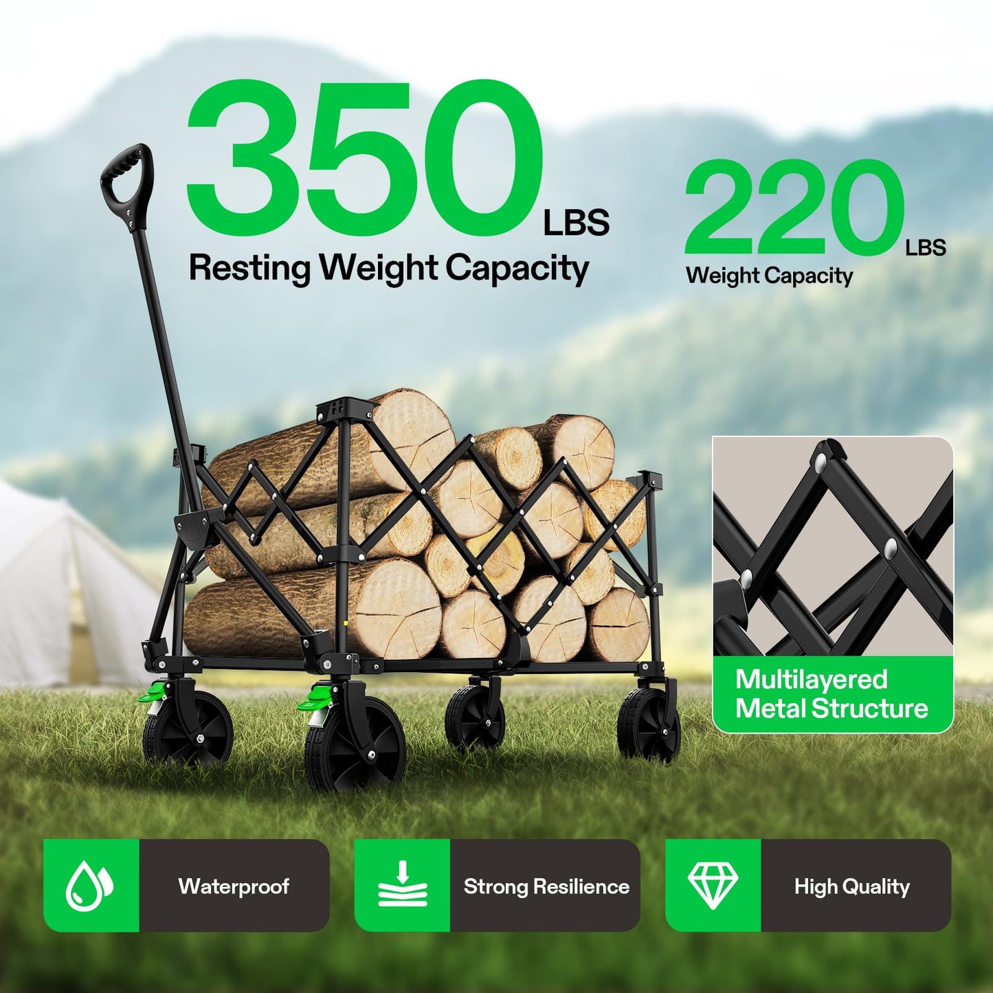 VIVOSUN Collapsible Folding Wagon, 350 lb Load-Bearing Outdoor Utility Cart with Silent Universal Wheels, Cup Holders &Side Pockets, Adjustable Handle, for Camping, Garden, Sports, Picnic, Shopping