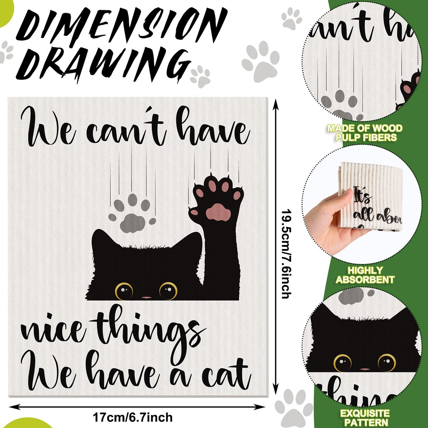 Funtery 8 Pcs Black Cat Swedish Kitchen Dishcloths Reusable Swedish Absorbent Sponge Cloths Washable Kitchen Dish Towel Quick Drying Decorative for Animal Lover Gifts for Women Hand Towel