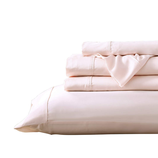 Brielle Home Tencel Lyocell Sateen Bed Sheet Set – 300 Thread Count Easy Care Luxury Feel with 16" Deep Pocket – 4 Piece Set, Blush, Queen