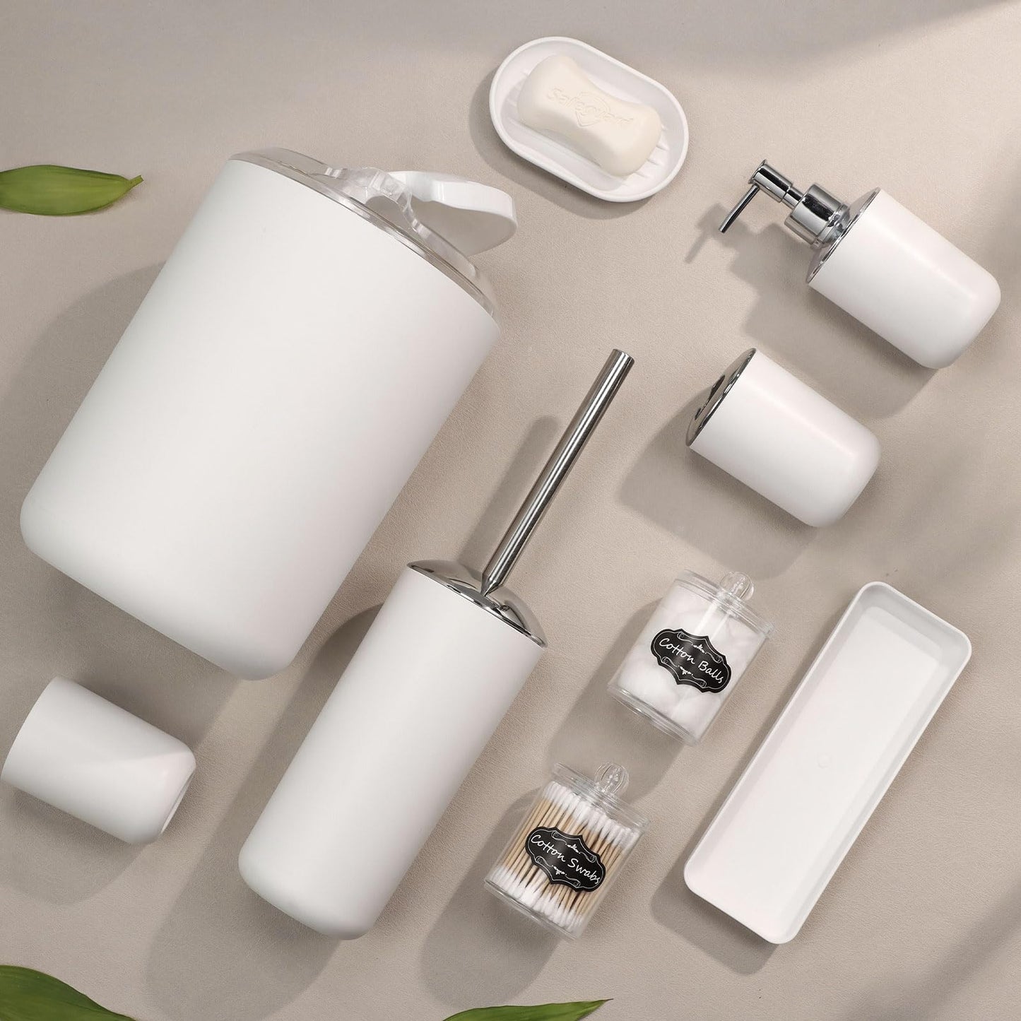 Bathroom Set - 9 Pcs White Bathroom Accessories Set with Trash Can,Tray,Soap Dispenser,Soap Dish,Toothbrush Holder&Cup,Toilet Brush Holder,2 Qtip Holder Dispenser