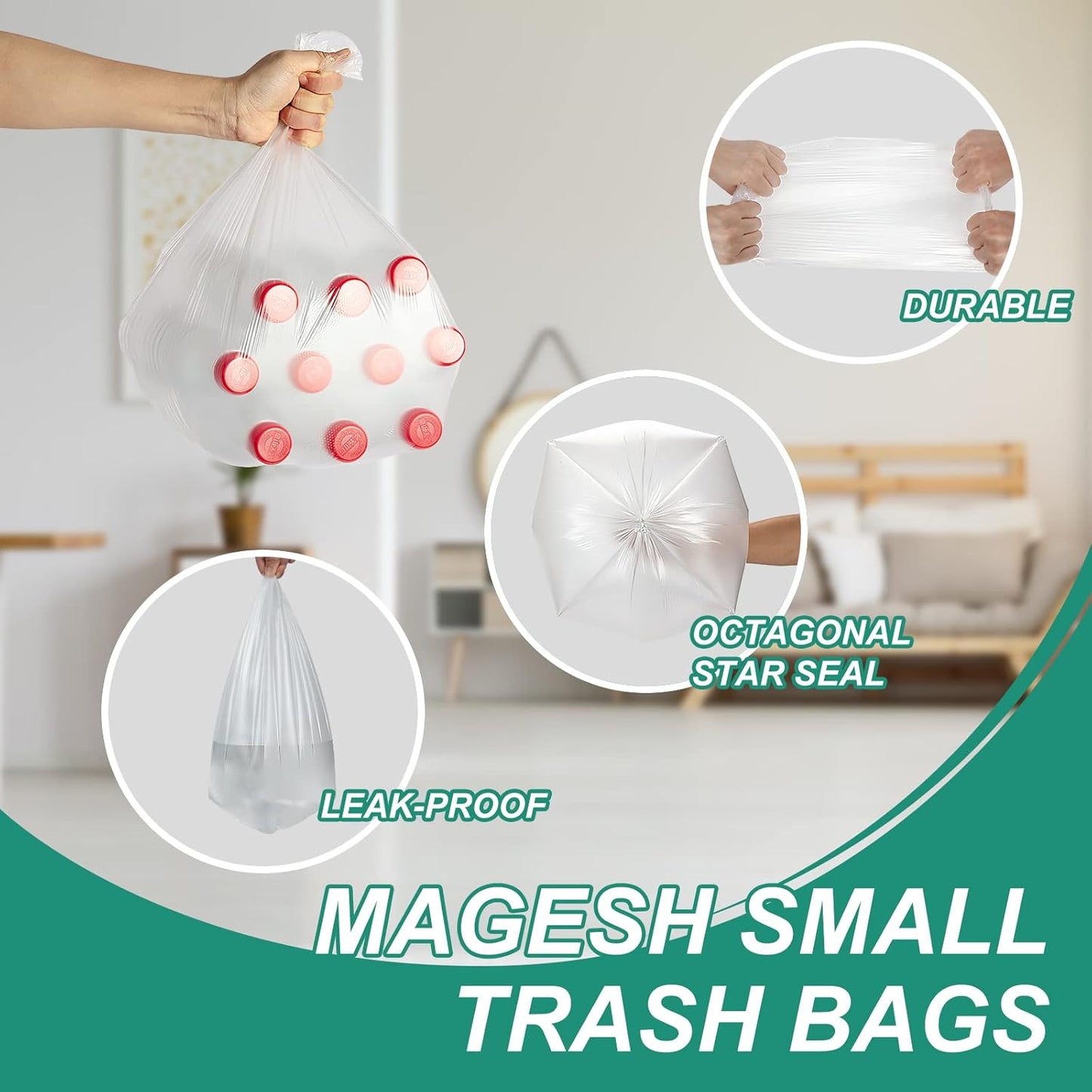 Magesh 4 Gallon Trash Bags - Strong, Leakage-Free, Unscented Thick Bags for Small Trash Cans | 15L, 105 Count, Clear