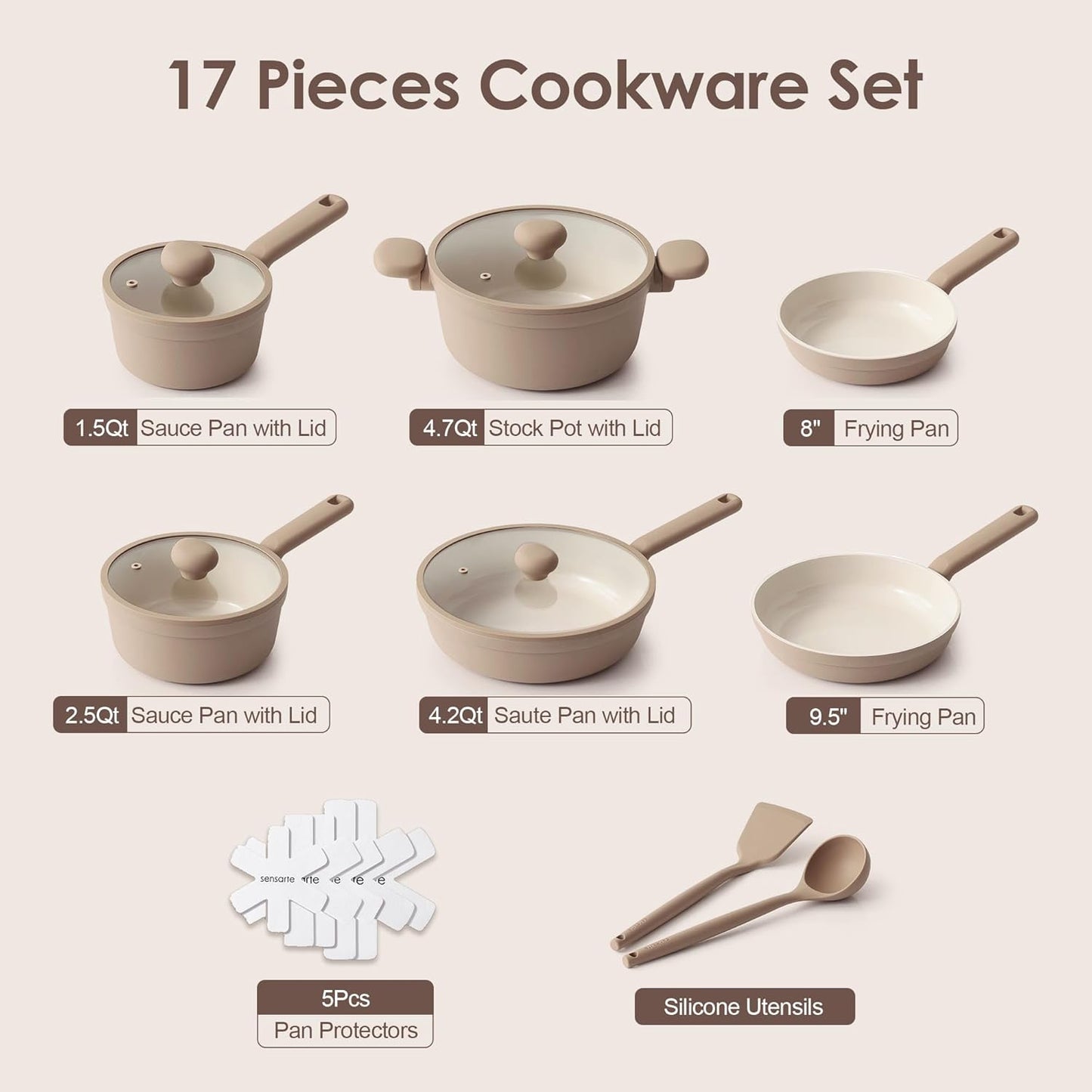 SENSARTE Ceramic Nonstick Cookware Set - 17-Piece Induction Kitchen Set | Healthy & Nontoxic, Taupe