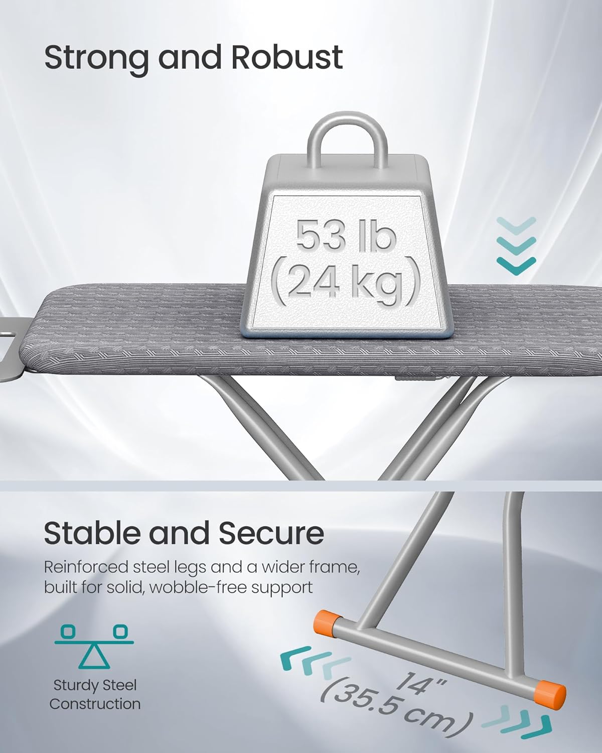 SONGMICS Ironing Board - Foldable & Height Adjustable with Retractable Iron Rest - 43 x 13 Inches, Dove Gray