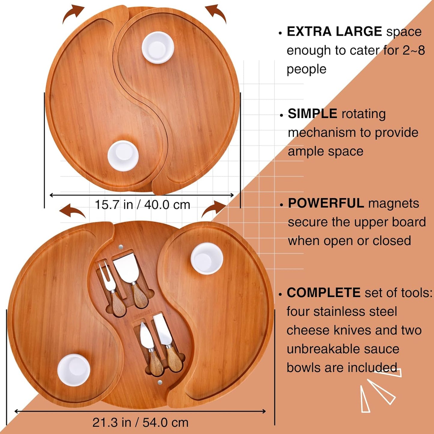 ZMARKRAFT® US Patented Large Double-Layer Charcuterie Board | Cheese Board Platter Set w 4 Knives and 2 Bowls | Premium Bamboo Serving Tray | Hoursewarming Christmas (Mocha Brown)