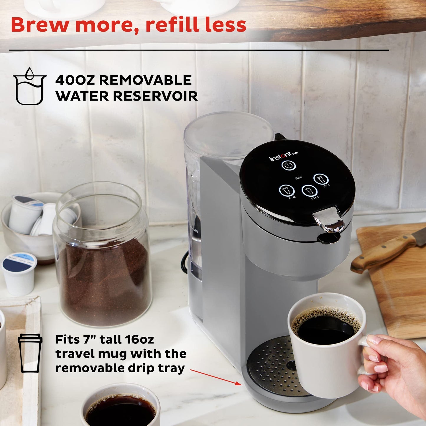 Instant Pot Single Serve K-Cup Pod Compatible Coffee Maker with Reusable Pod & Bold Setting, 8-12oz, 40oz Reservoir, Grey
