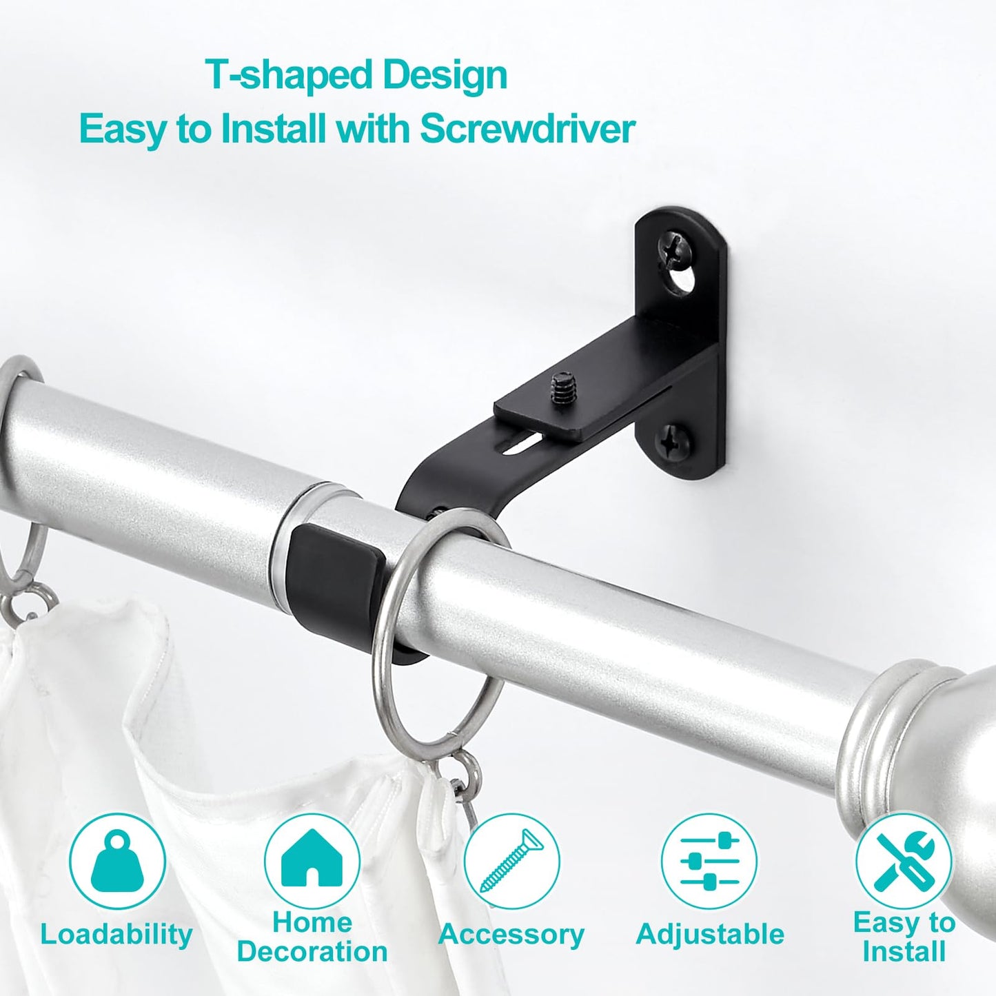 AMZSEVEN Adjustable Curtain Rod Brackets, Metal Window Drapery Rod Hanger Holders Hooks for 1 inch Rods (Black, Set of 2)