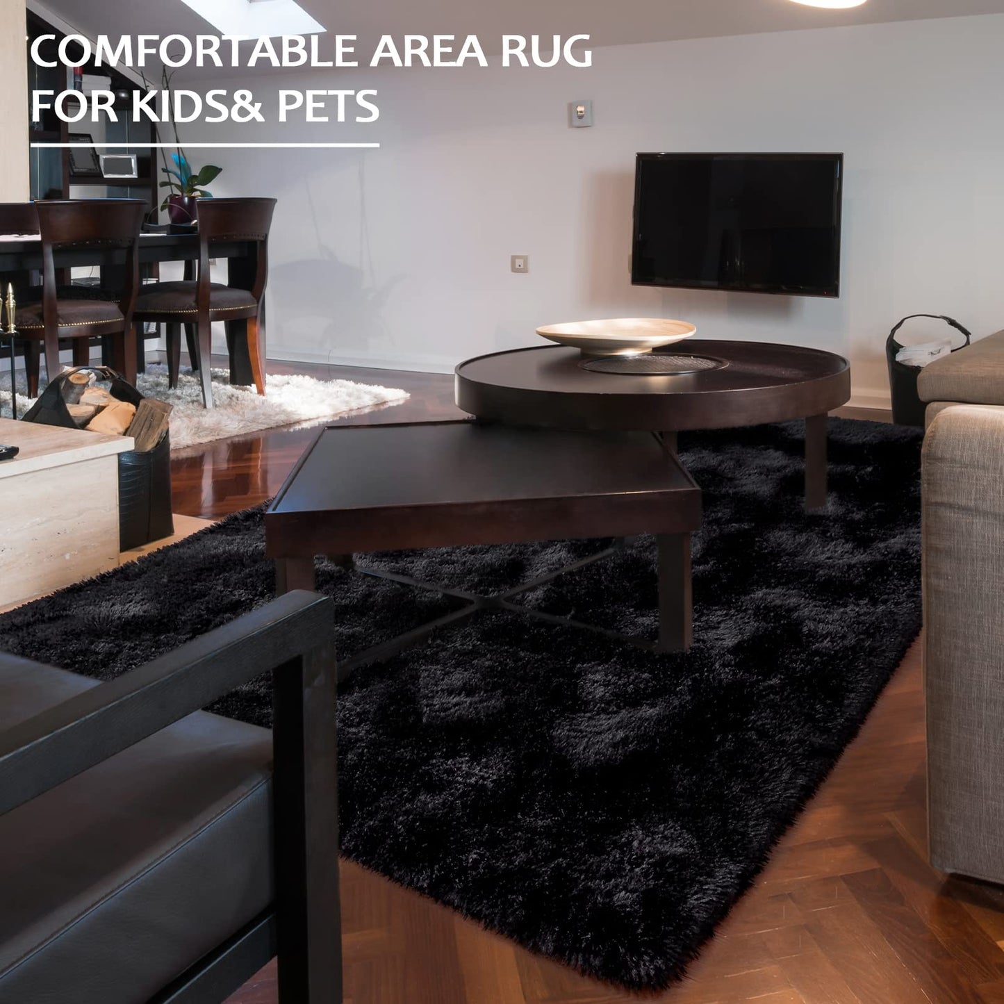 Keeko Fluffy Area Rugs for Living Room Bedroom, 6x9 Soft Plush Bedside Rug Modern Indoor Large Rug Shag Fuzzy Nursery Carpet Non Slip Rugs for Kids Girls Baby Teen Dorm Room Home Decor Black