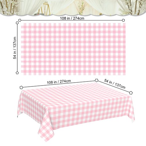 JCTHKUKU 2 Pcs Pink Gingham Tablecloth, Disposable Plastic Pink Checkered Table Cloth, Pink & White Plaid Table Cover for Outdoor Picnic, Wedding, Baby & Bridal Shower, Birthday Party (54 x 108 Inch)