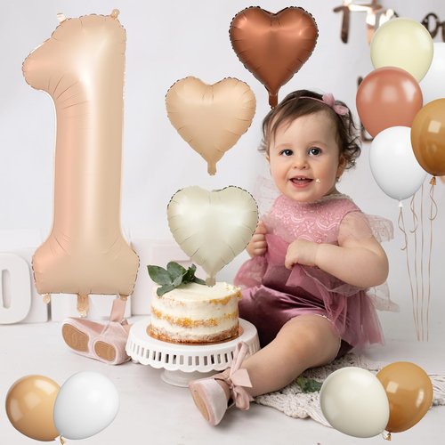 Biapian 40 Inch Light Brown Number 1 Balloon, Caramel Large Number One Balloon Digital with Cream Foil Heart Balloon for 1st Birthday Decorations first One Year Boys Girls Baby Shower Party Decor