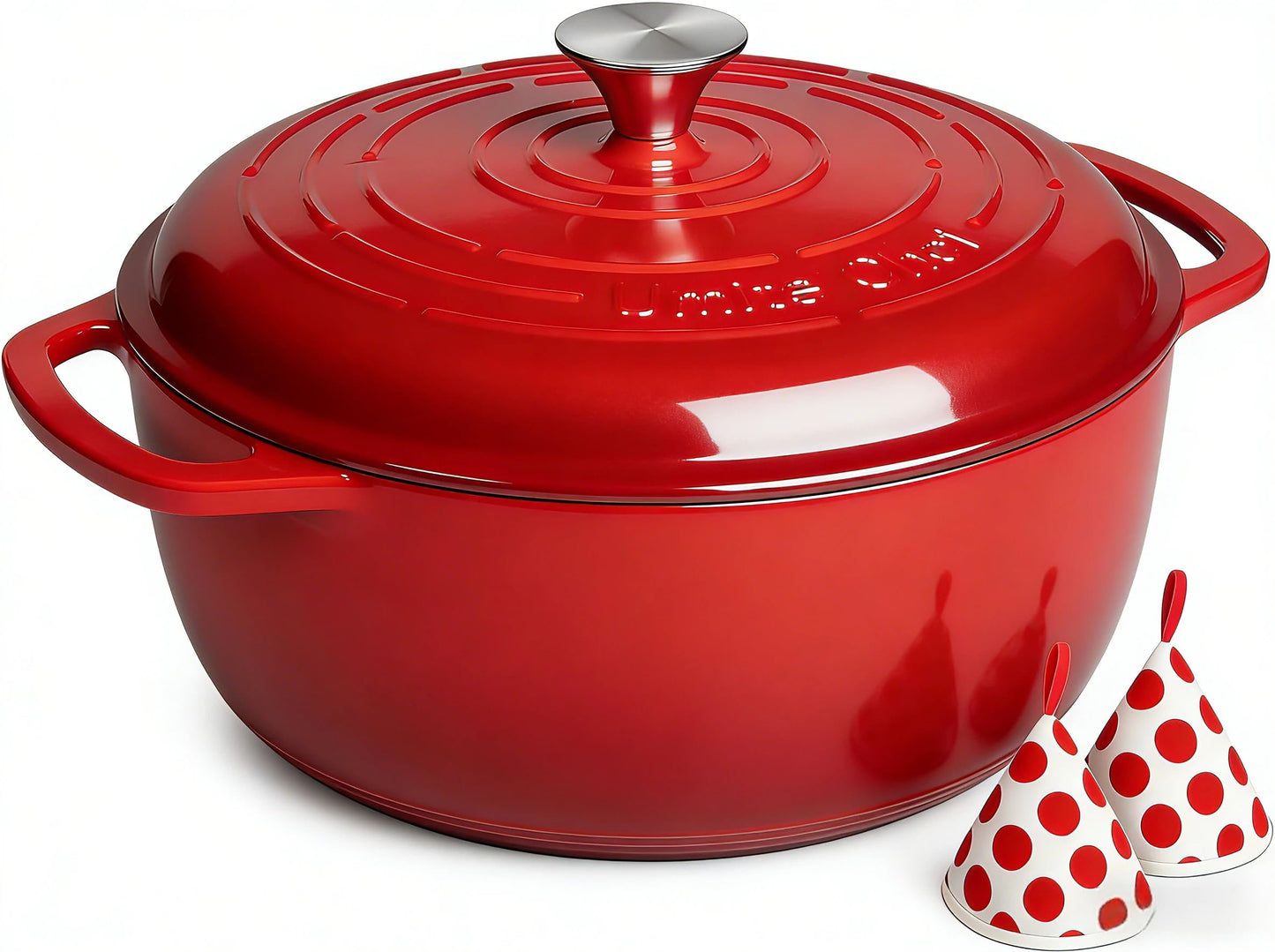 Umite Chef 6QT Enameled Cast Iron Dutch Oven with Lid, Versatile Heavy-Duty Cookware Pot for Baking Bread, Braising, Soups & Stews, Oven & Stovetop Safe with Heat Resistant Gloves（Red）