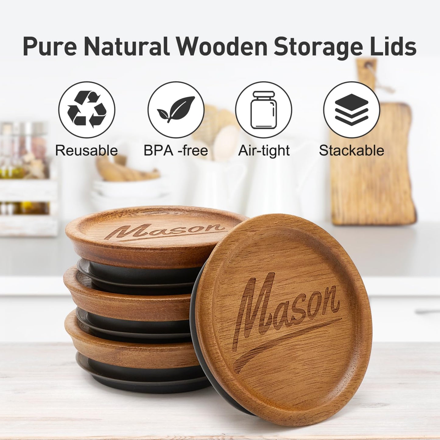 6 Pcs Acacia Wood Mason Jar Lids Regular Mouth Canning Jars Supplies Decorative Small Mouth Mason Jar with Wooden Lid Silicone Reusable Can Lids for Jars Tops Glass Cover Canning Accessories