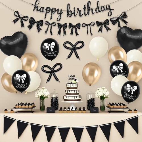 Bow Coquette Party Decorations - Happy Birthday Banner & Black Gold Bow Balloons | Heart Foil Balloons for Girls