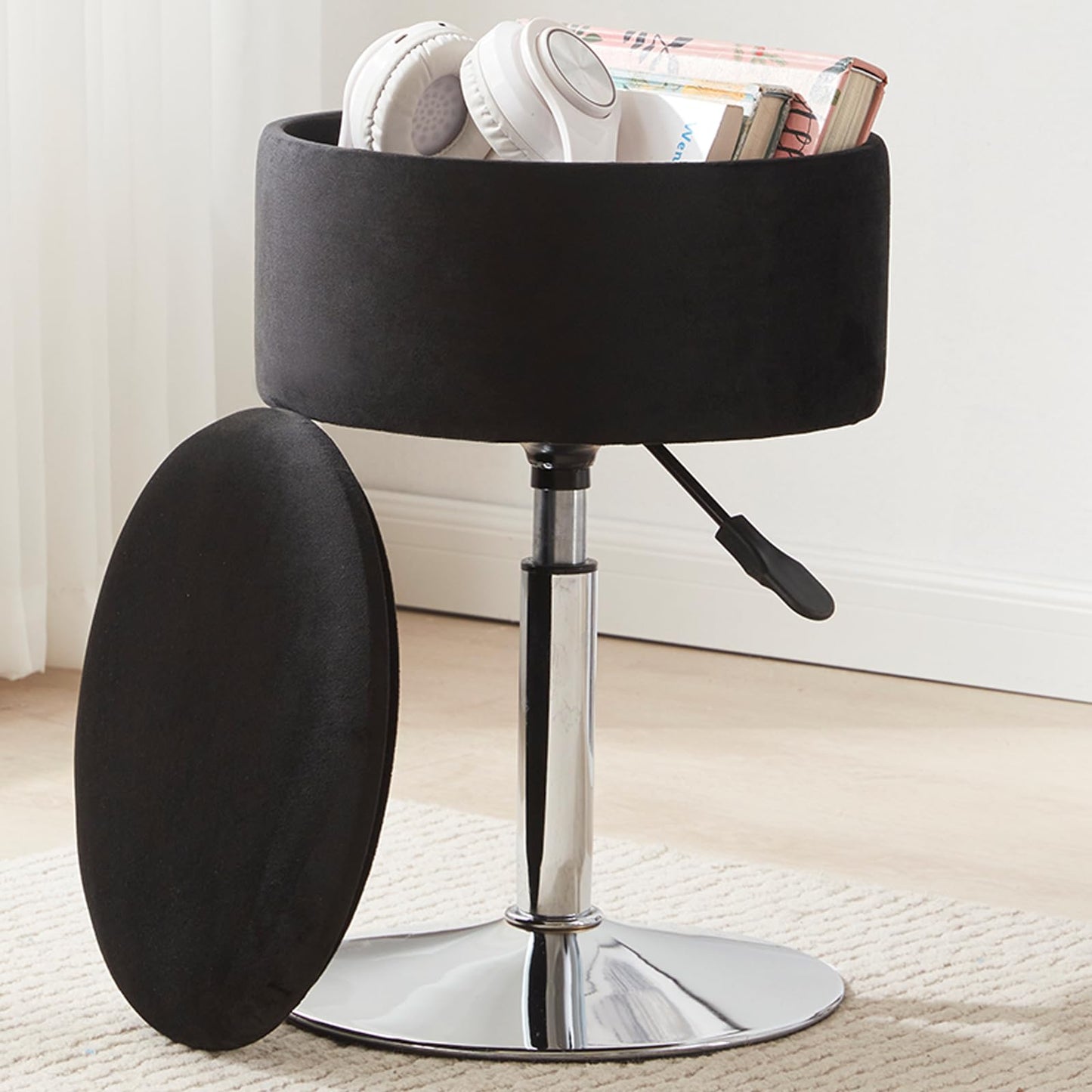 RUCUKEN Adjustable Ottoman Stool Black Vanity Stool Vanity Chair for Makeup Room Stool Chair for Vanity Stool with Storage Makeup Stools with Storage Swivel Makeup Chair for Bathroom Velvet