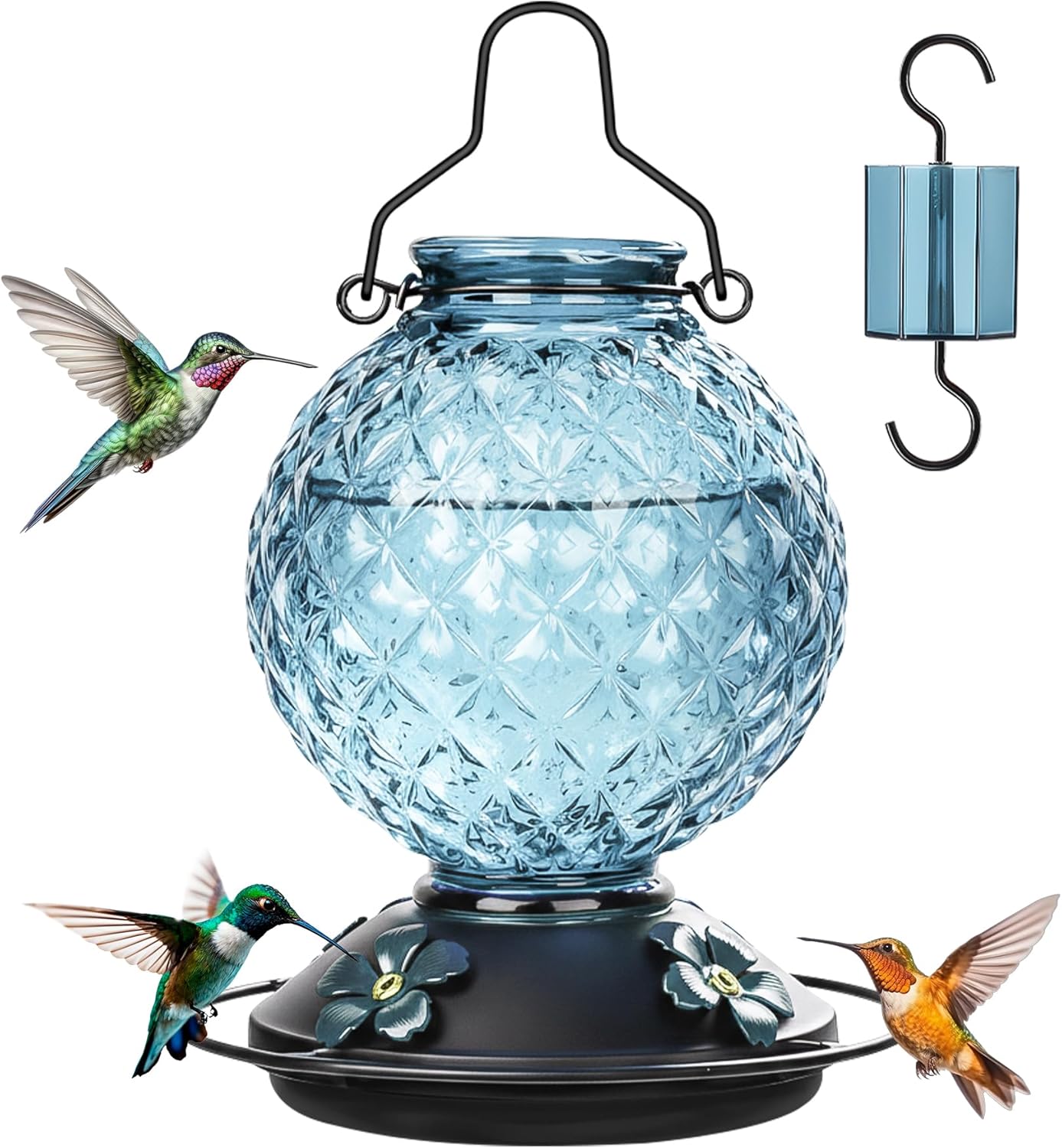 Skiennix Glass Hummingbird Feeder - 25 Oz Outdoor Nectar Feeder with 4 Bee Guards & Ant Moat | Blue