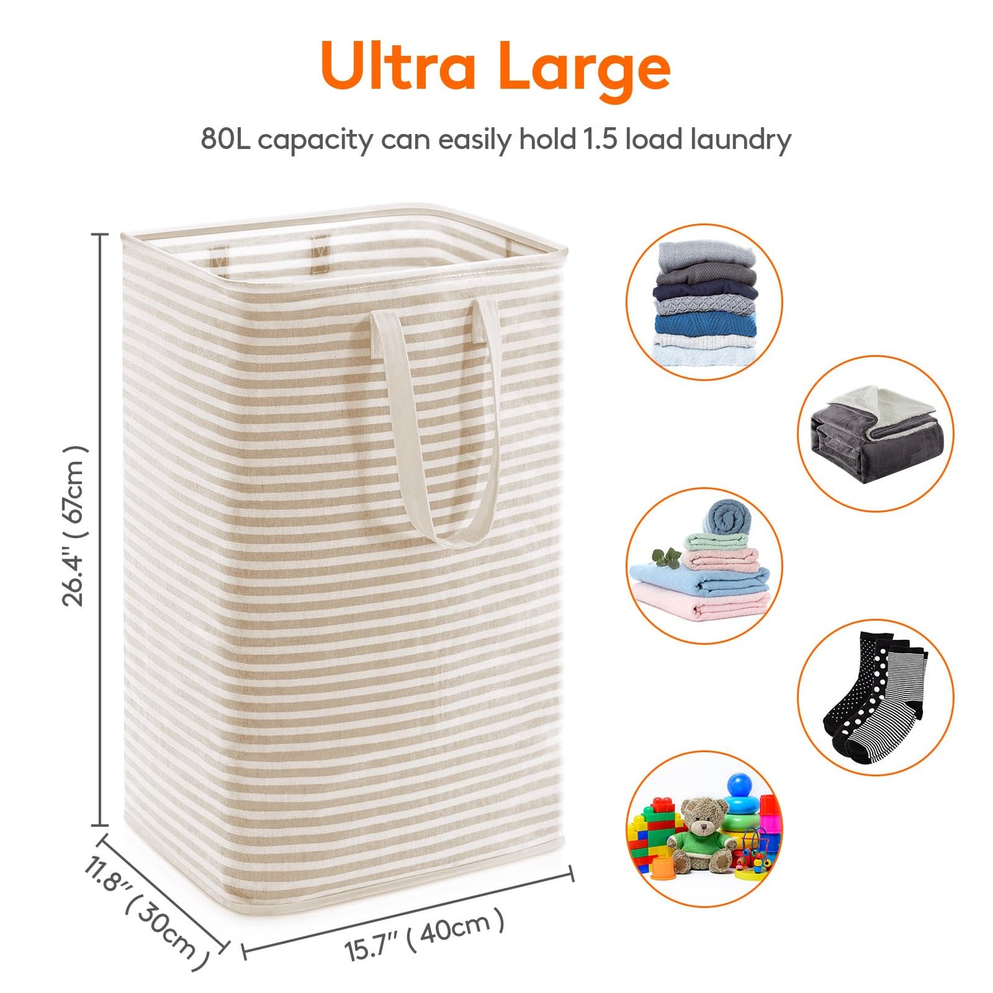 Lifewit 1 Pack Laundry Basket 80L Each, Collapsible Clothes Hamper with Reinforced Handles, Freestanding Waterproof Design for Bedroom and Laundry Room, Beige 80L Total