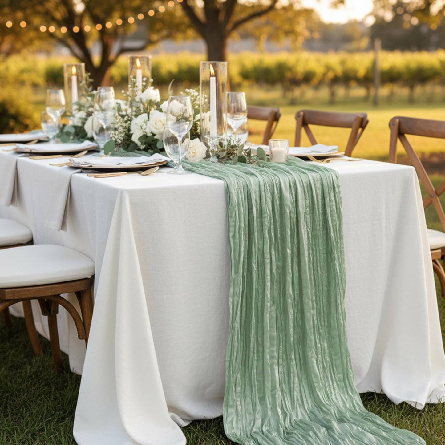 Sage Green Table Runner 35x120 Inch Cheesecloth Table Runner 1 Pack for Baby Shower, Boho Decor, Wedding Decoration, Jungle Theme Party