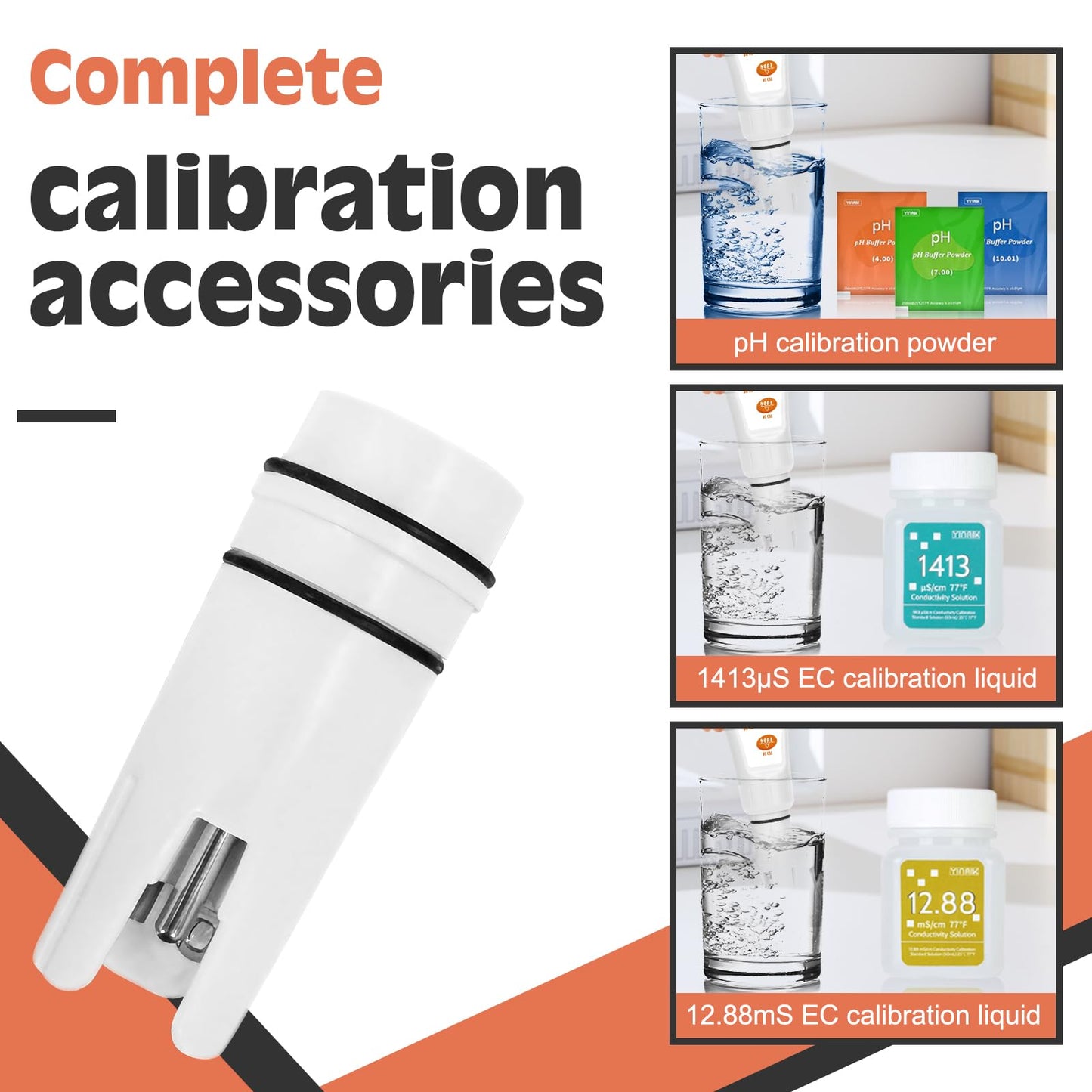YINMIK Original Electrode for YK-T4,YK-T4P, YK-T5,YK-4,YK-4S, with EC Calibration solition 1413μS/cm &12.88mS/cm, 4.00,7.00,10.01 pH Calibration Buffer Powder, 2 * 10ml pH Probe Protection Liquids