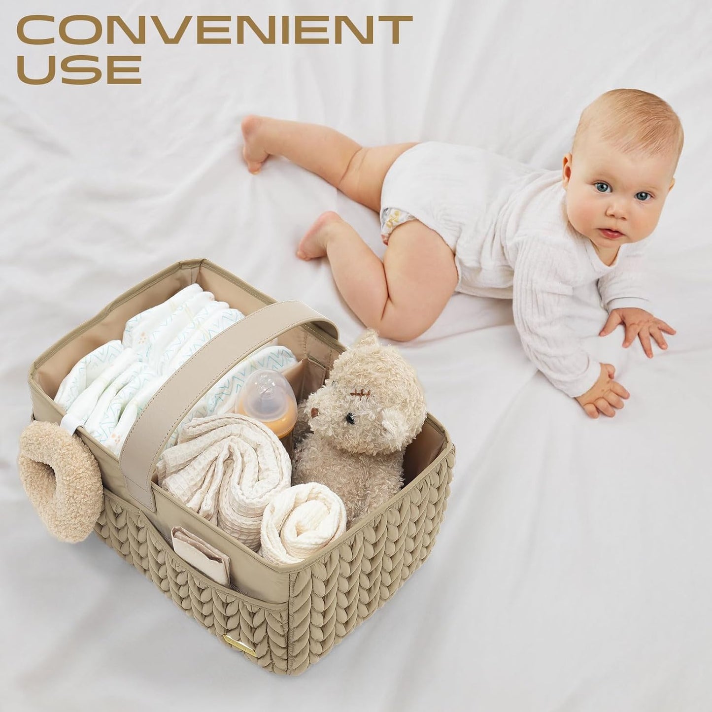 Luxurious Baby Diaper Caddy - Stylish Nursery Storage Basket for Newborn Essentials | Beige Organizer Tote Bag