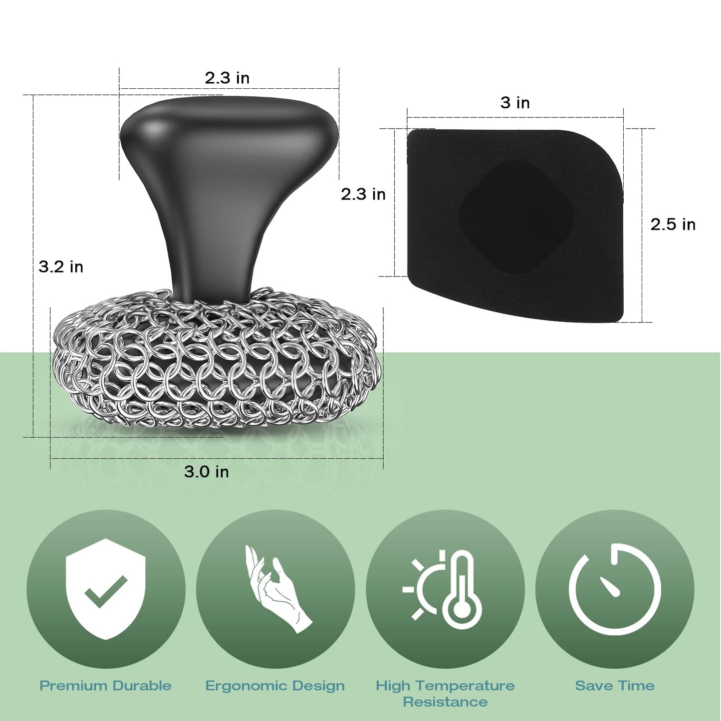Purgreat Cast Iron Scrubber | Dish Scrub Brush | 316 Cast Iron Cleaner Chainmail Scrubber for Pan Skillet Cleaner - Dish Scouring Pad Dishwasher Safe Cleaning Kit, Black 03