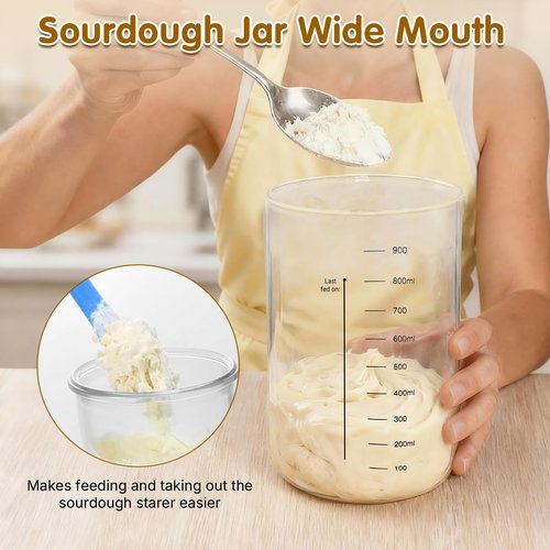 Bakedon 34oz Sourdough Starter Jar Kit,Wide Mouth Sourdough Starter Container with Feeding Tracking Band, Silicone Spatula&Sourdough Starter Kit-Baking Supplies(2 pack). (Blue)