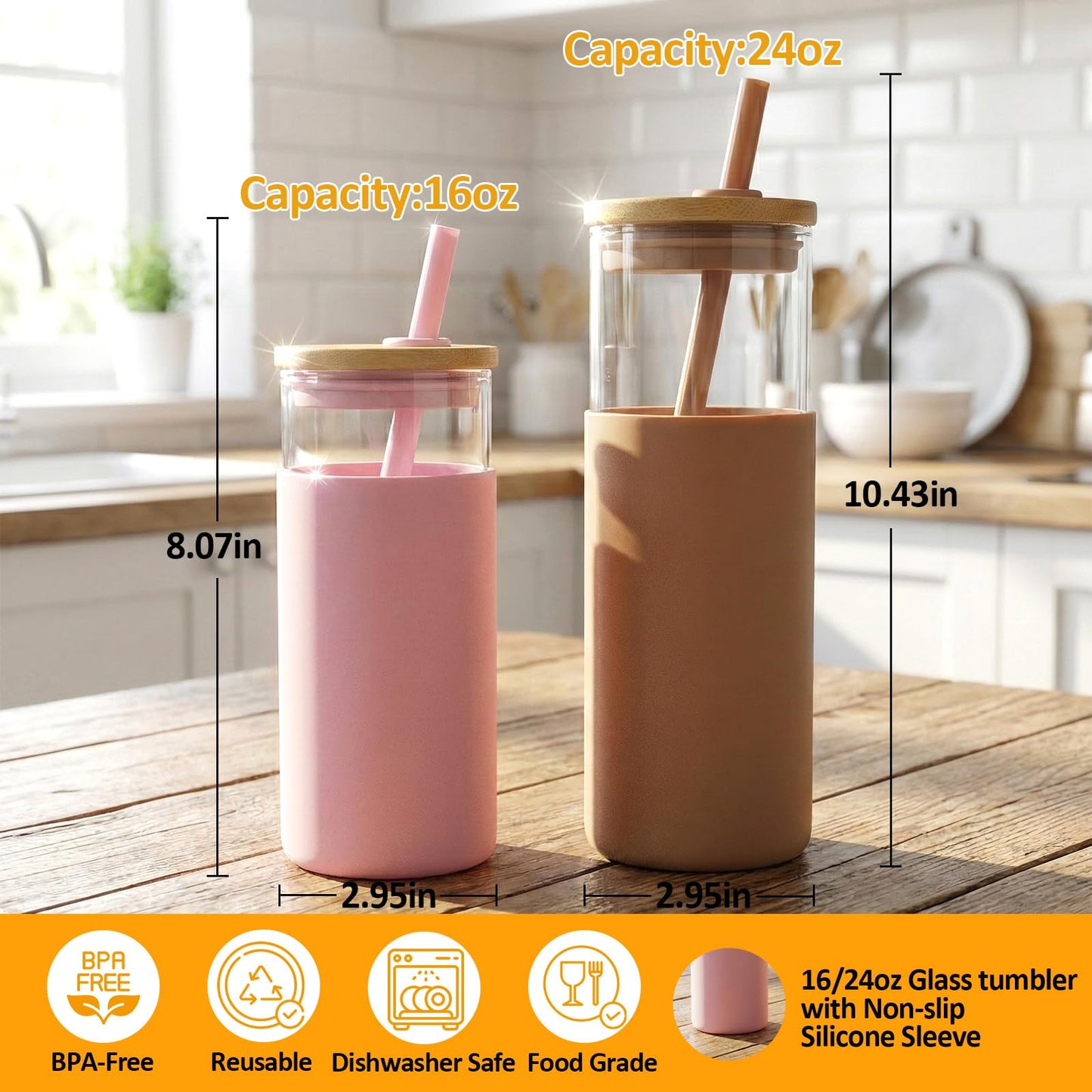 Tronco 24 oz Glass Tumbler with Lids and Straw, Reusable Iced Coffee Cup & Smoothie Cup with Bamboo Lid, Silicone Sleeve, Dishwasher Safe, BPA-Free Borosilicate Glass, 1 Pack