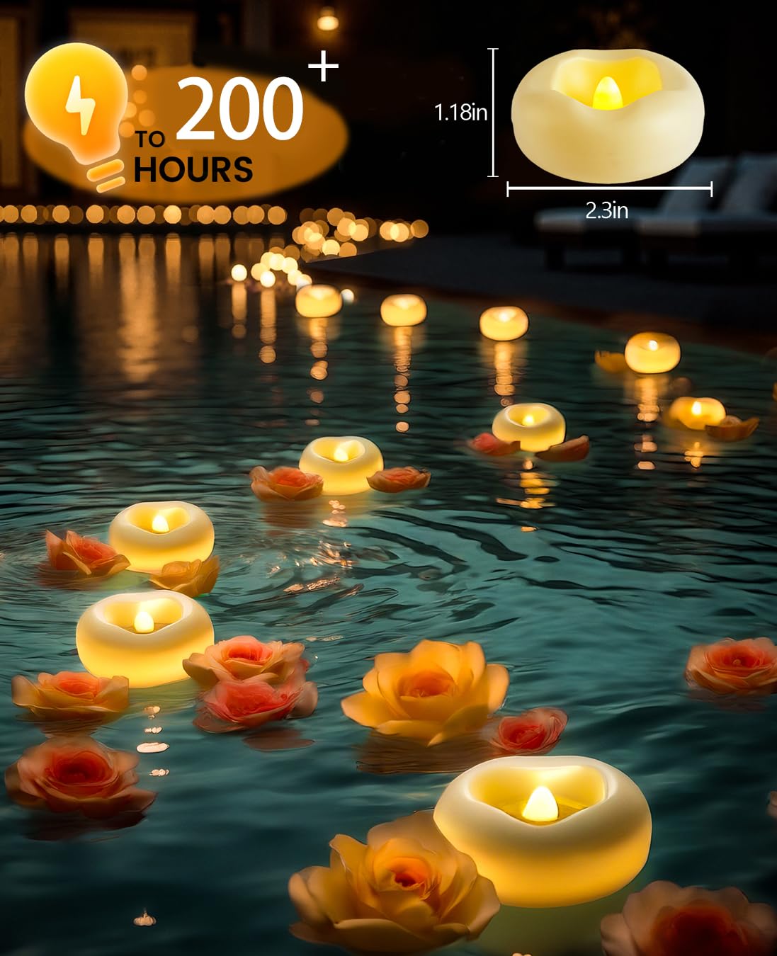 Auemaniliy 24 x 2”Floating Candle, 200 Hour Water Activated Warm White Battery Powered Flameless LED Floating Candle Floating for centerpieces/Bathtub/Pool/Fountain