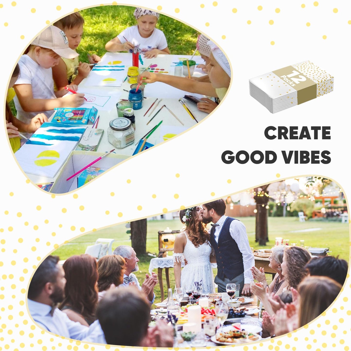 GUUVOR 12 Pack Plastic Table Cloth Disposable, 54”x108” Black and Gold Table Cloths for Parties, Waterproof and Greaseproof Gold Dot Rectangles Tablecloth for Party Decorations BBQ,Wedding,Fine Dining