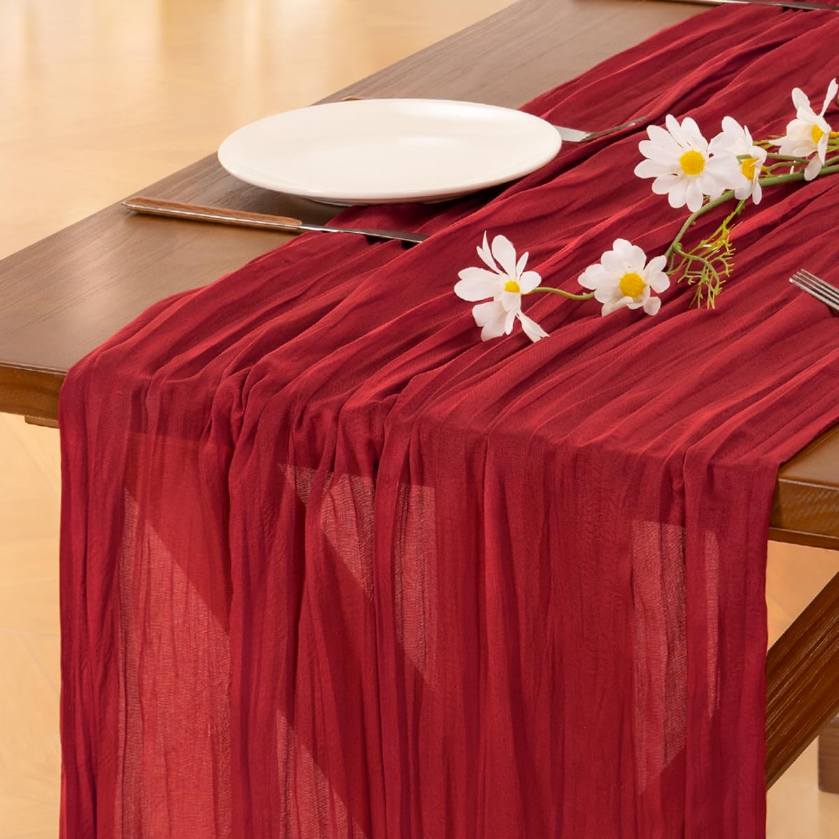 Socomi 6pcs Red Cheesecloth Table Runner Boho Rustic Gauze 120 inch 10FT Cheese Cloth Sheer Runner for Wedding Party Baby Shower Birthday Home Decor Holiday Decorations