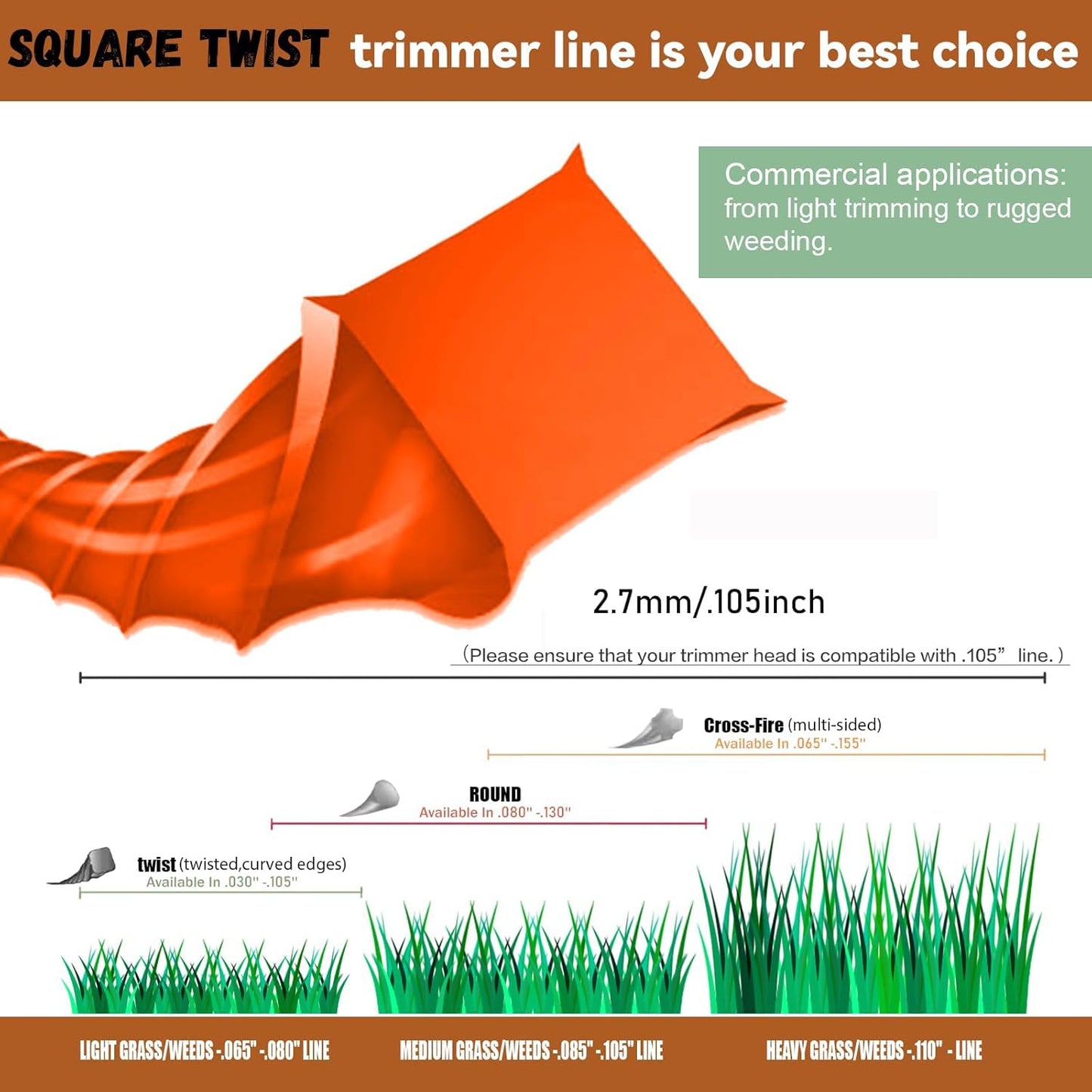 Weed Eater Commercial Square Twist .105" String Trimmer Line - 302' Premium Nylon Replacement | Orange