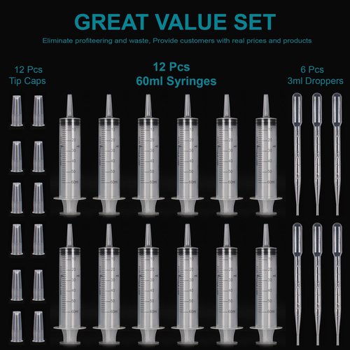 12Pack 60ml Syringe for Liquid - Large Plastic Syringes Without Needle for Food Thick Liquids and Irrigation Water, Lip Gloss Filling, Feeding Dogs Meds, Measuring ( 12 Pack 60 ml / cc )