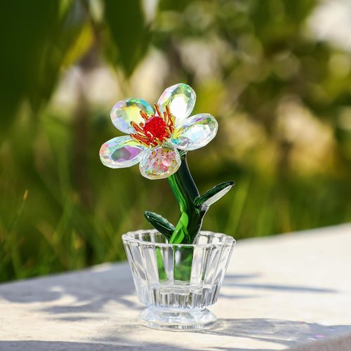Crystal Peach Blossom Mini Ornament - Elegant Glass Flower Figurine for Home & Office Decor | 2.9 x 1.5 in