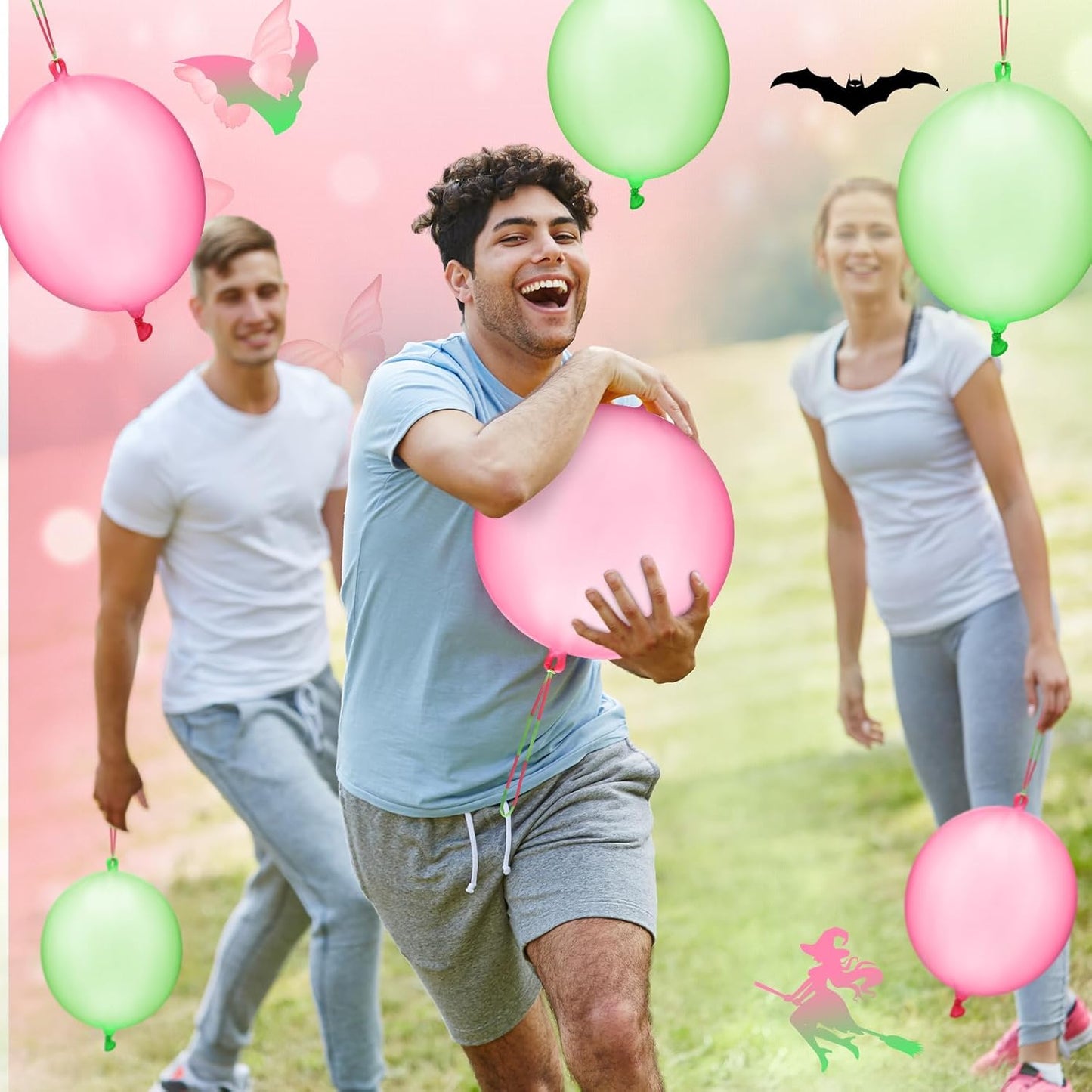 Skiennix 24 Pcs Punch Balloons - Pink & Green Bounce Balloons with Rubber Band Handles for Parties