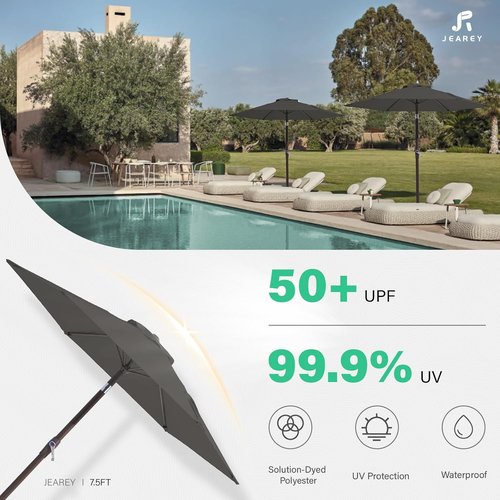 JEAREY 7.5FT Patio Umbrella - Market Table Umbrella with Push Button Tilt & Crank | Gray Outdoor Shade for Garden, Deck, and Pool